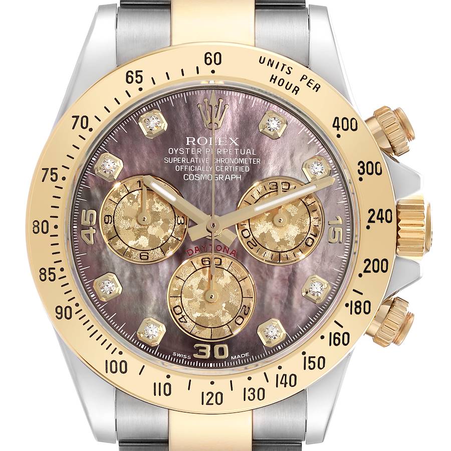 The Rolex Daytona watch is shown from the front, highlighting the dial, bezel, and crown with detailed subdials.