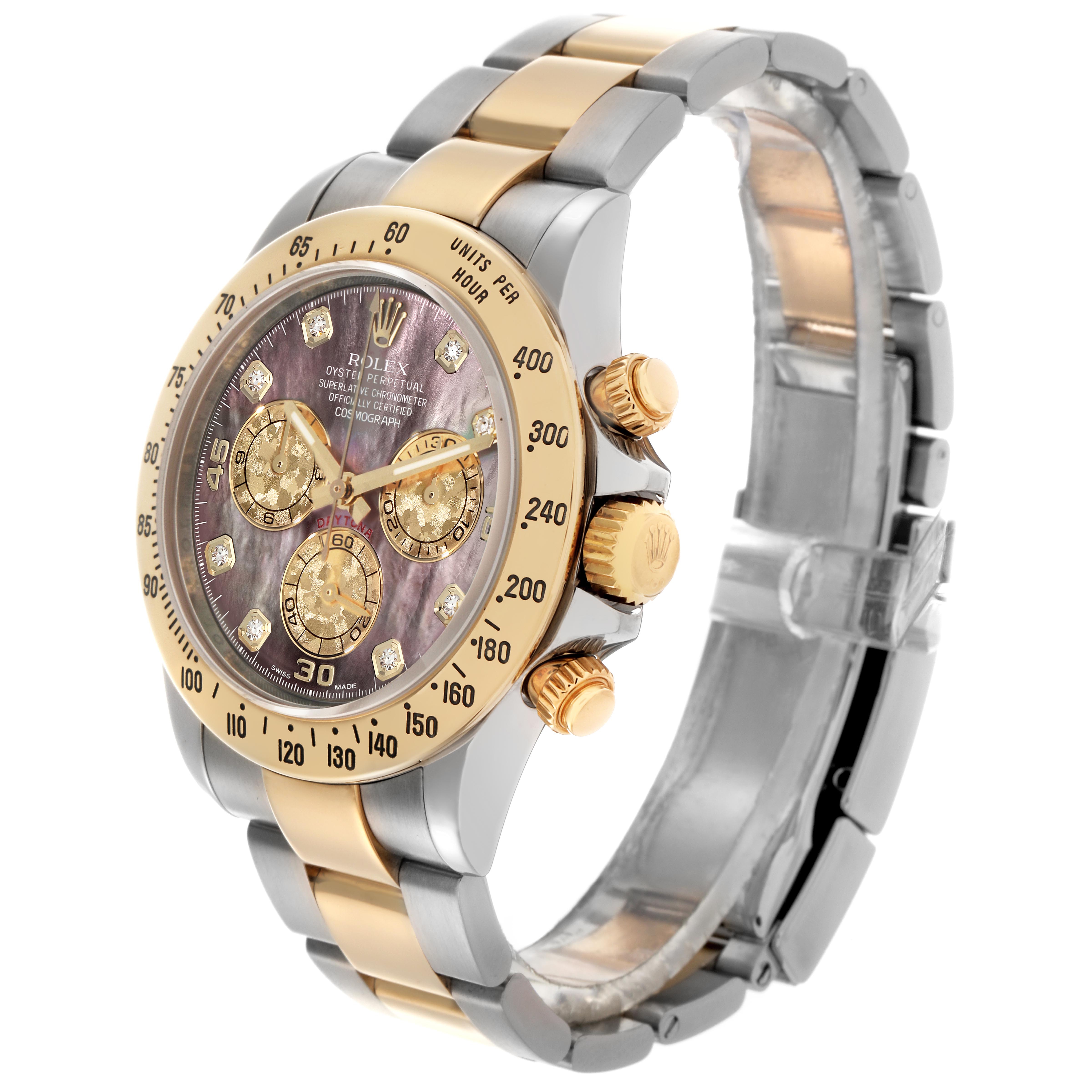 The Rolex Daytona 116523 Men
s Steel and Gold (two tone) Mother of Pearl Dial 116523 Men
s Steel and Gold (two tone) Mother of Pearl Dial watch is shown at a three-quarter view highlighting its bezel, dial, pushers, and bracelet.