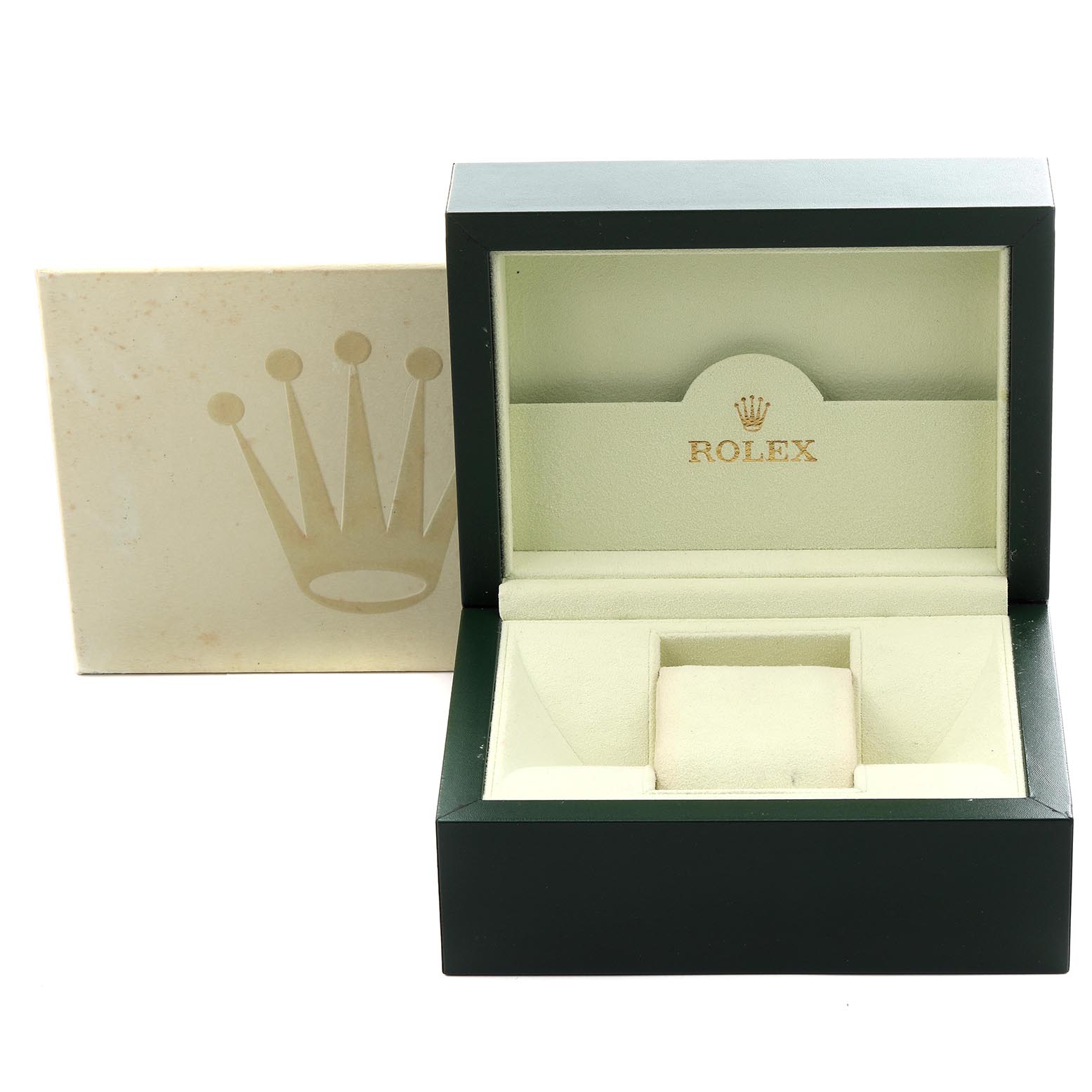 The image shows an open Rolex box and outer sleeve for the Daytona model, with the logo inside.