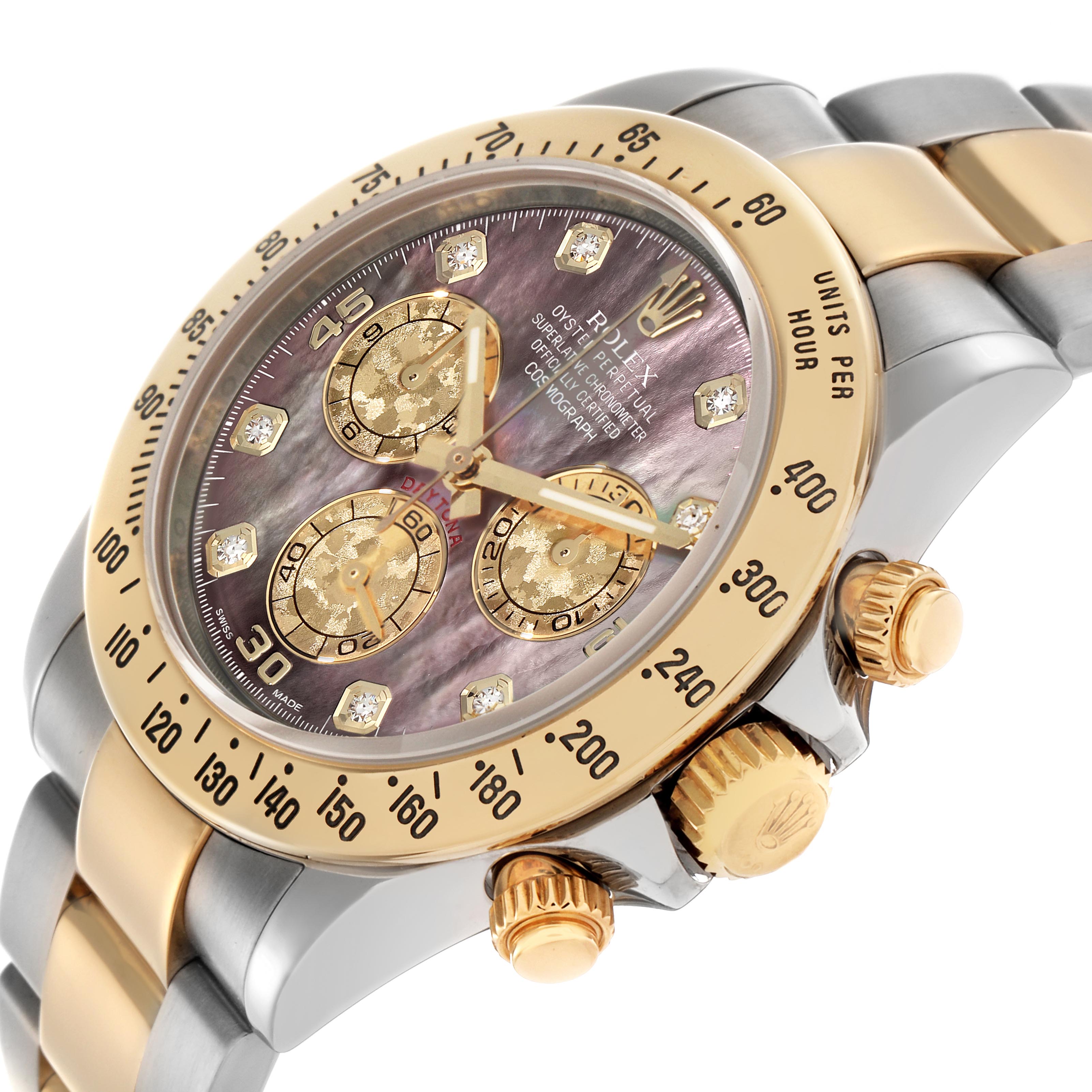 The Rolex Daytona 116523 Men
s Steel and Gold (two tone) Mother of Pearl Dial 116523 Men
s Steel and Gold (two tone) Mother of Pearl Dial watch is shown at an angled close-up, highlighting the dial, bezel, and crown.