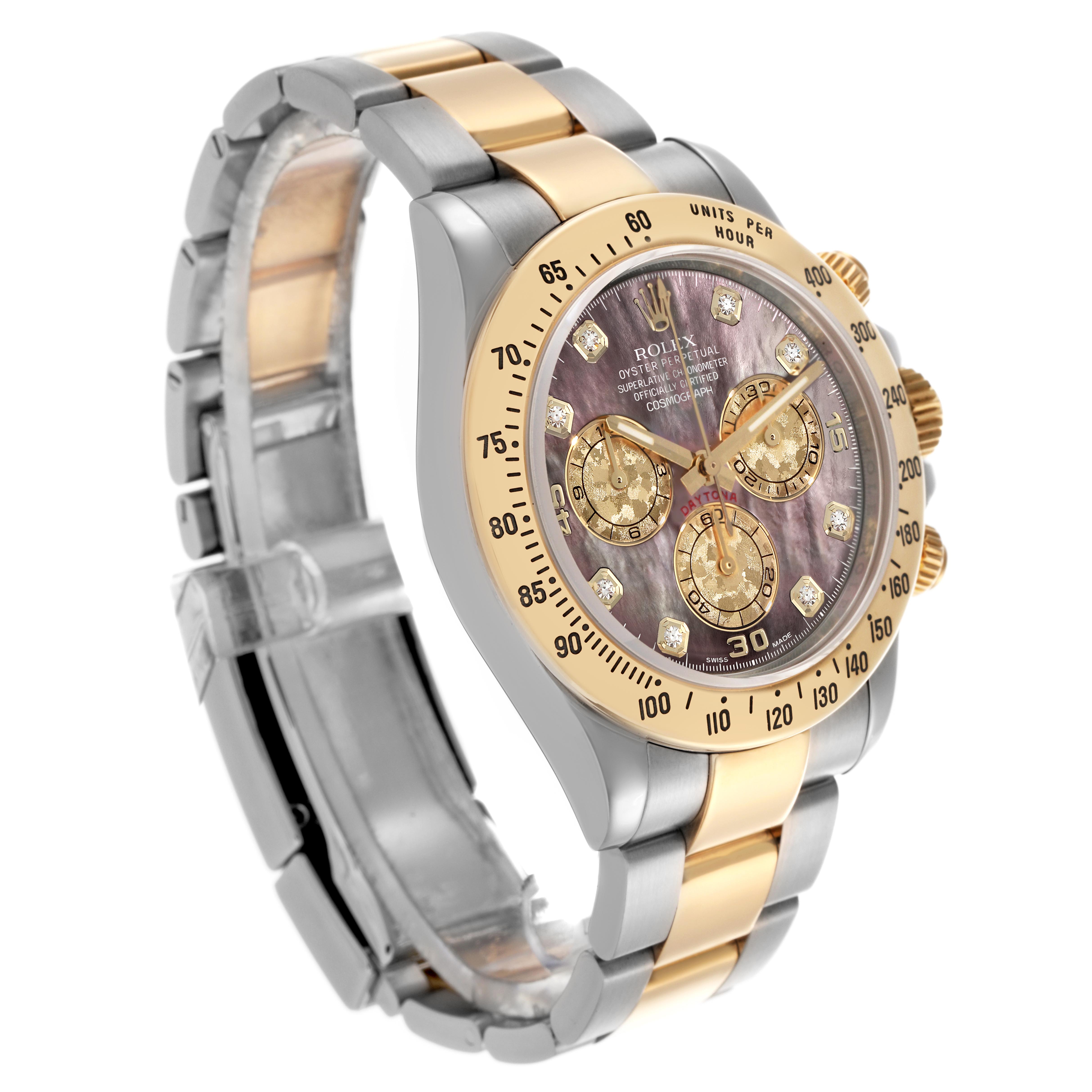 The Rolex Daytona 116523 Men
s Steel and Gold (two tone) Mother of Pearl Dial 116523 Men
s Steel and Gold (two tone) Mother of Pearl Dial watch is shown at a three-quarter angle, highlighting its bezel, dial, chronograph subdials, and two-tone bracelet.