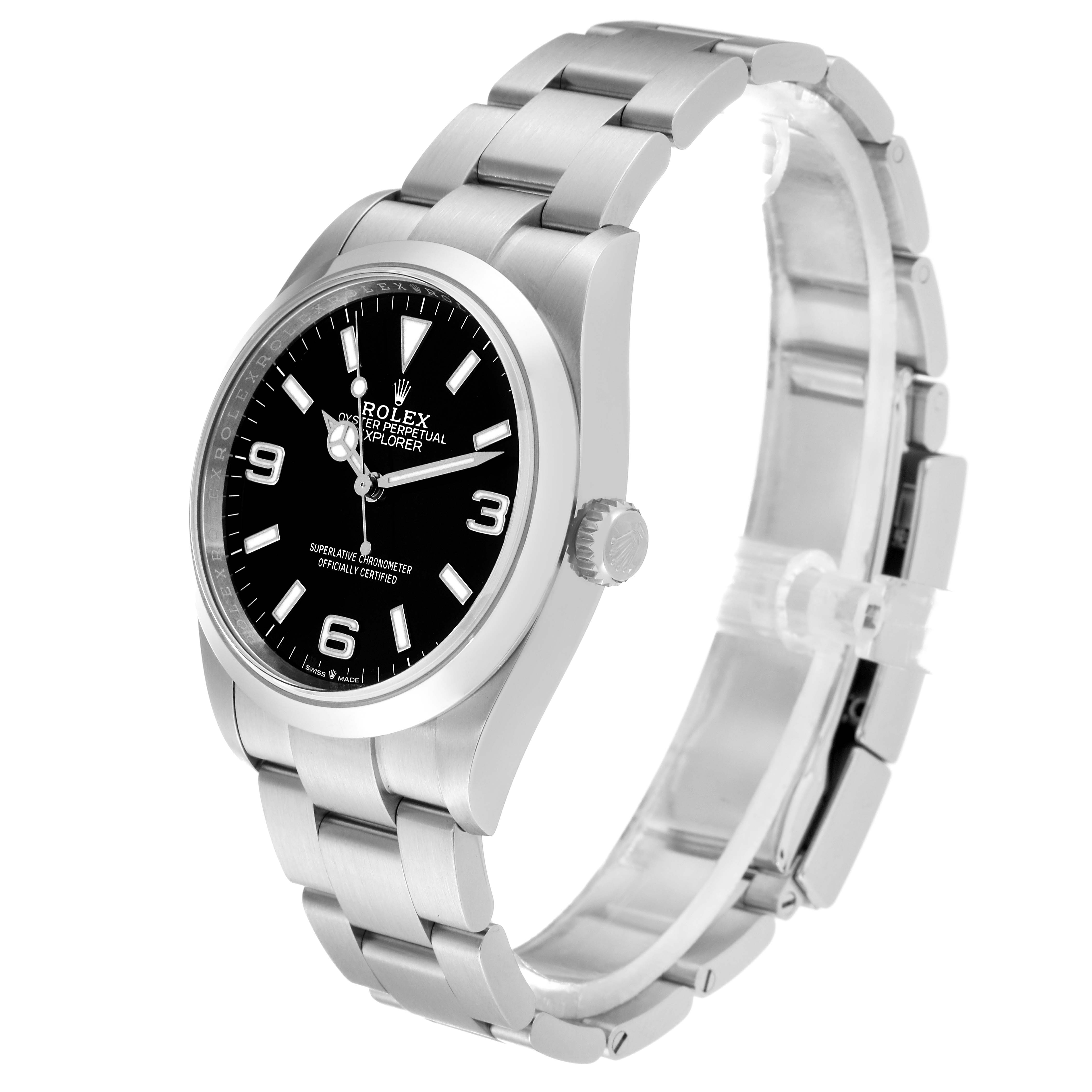 The image shows a side angle of a Rolex Explorer 124270 Men
s Stainless Steel Black Dial 124270 Men
s Stainless Steel Black Dial watch, highlighting its face, bezel, crown, and bracelet.