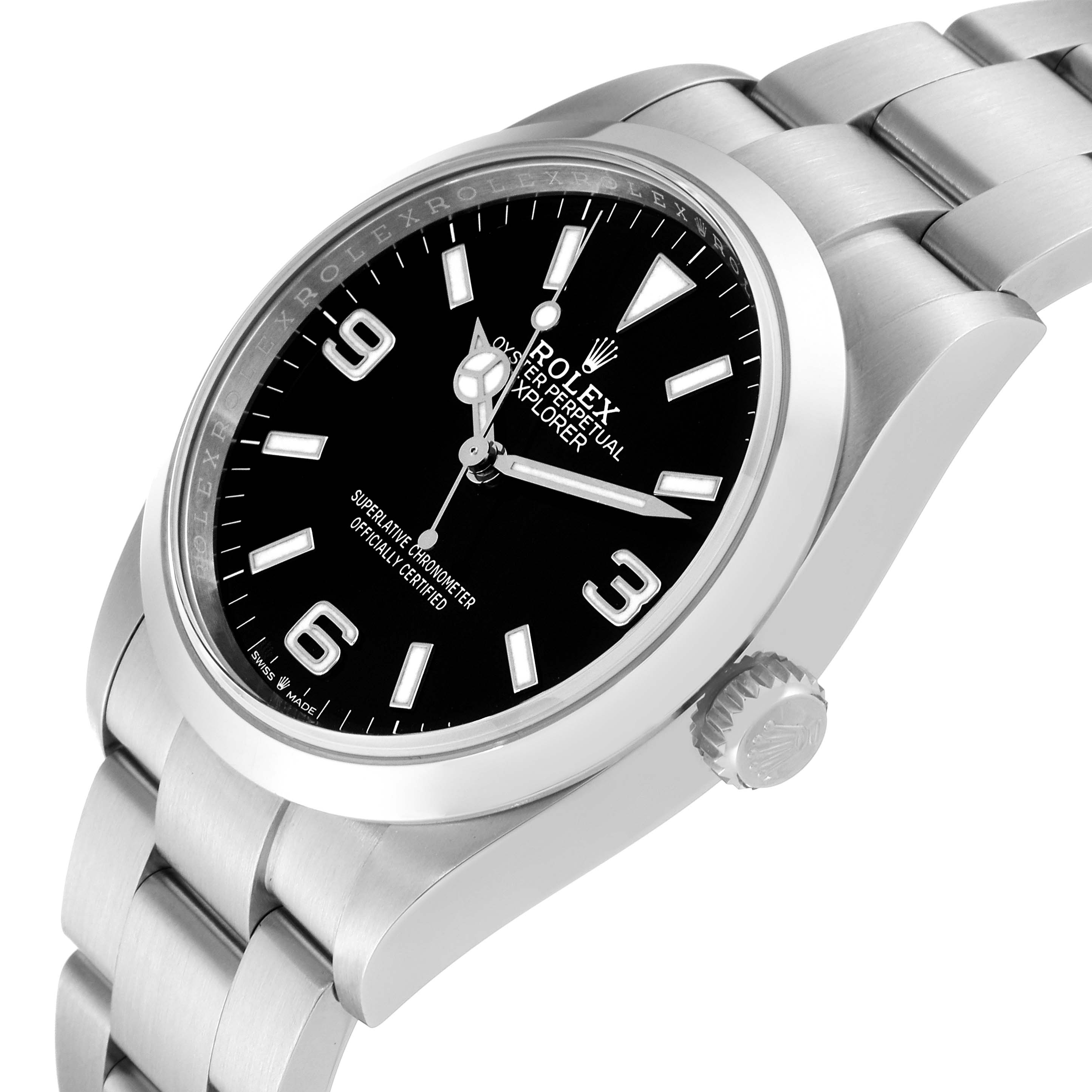 The image shows a close-up angle of the Rolex Explorer 124270 Men
s Stainless Steel Black Dial 124270 Men
s Stainless Steel Black Dial model, highlighting the dial, bezel, crown, and part of the bracelet.