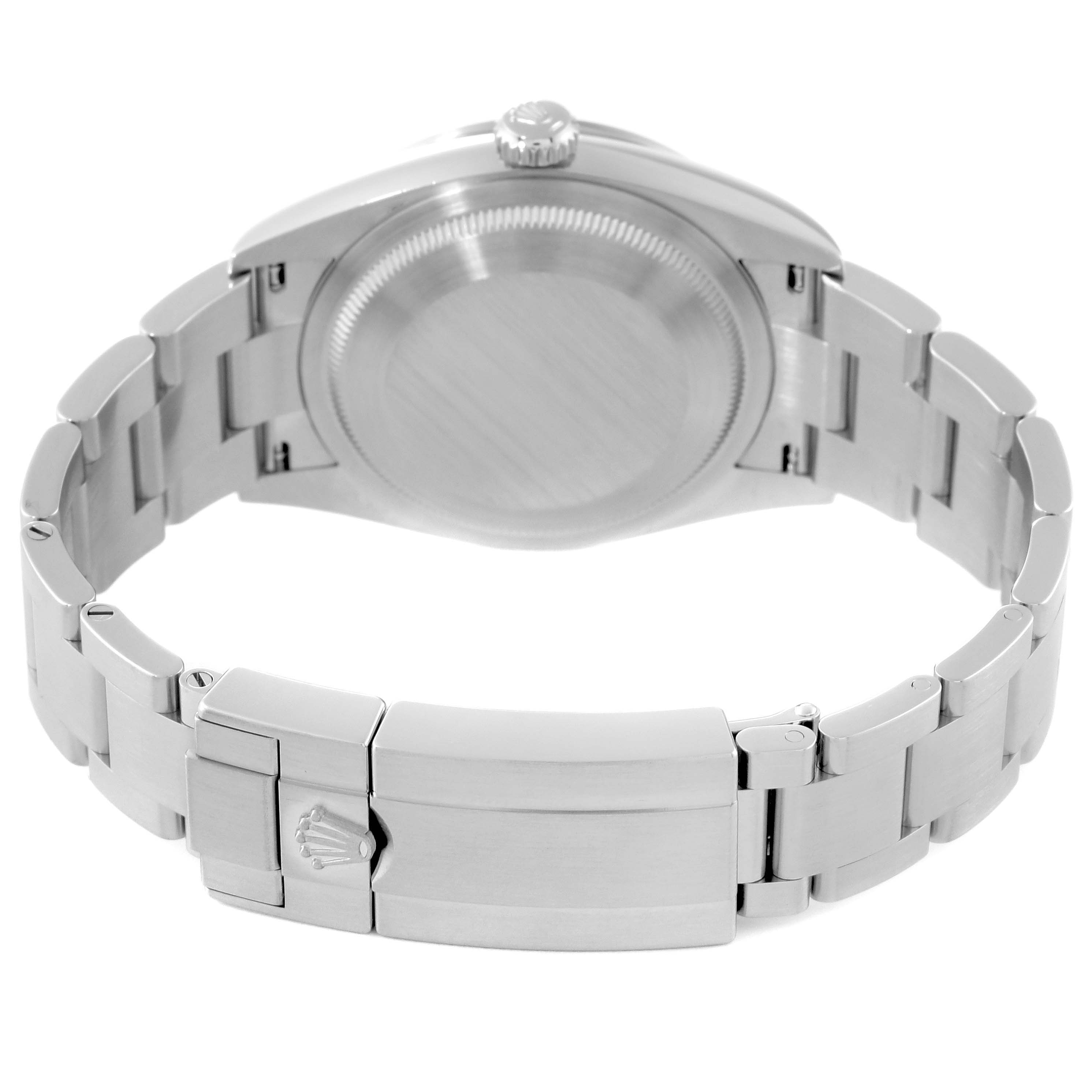 This image shows the back case, crown, and bracelet clasp of a Rolex Explorer 124270 Men
s Stainless Steel Black Dial 124270 Men
s Stainless Steel Black Dial model watch.