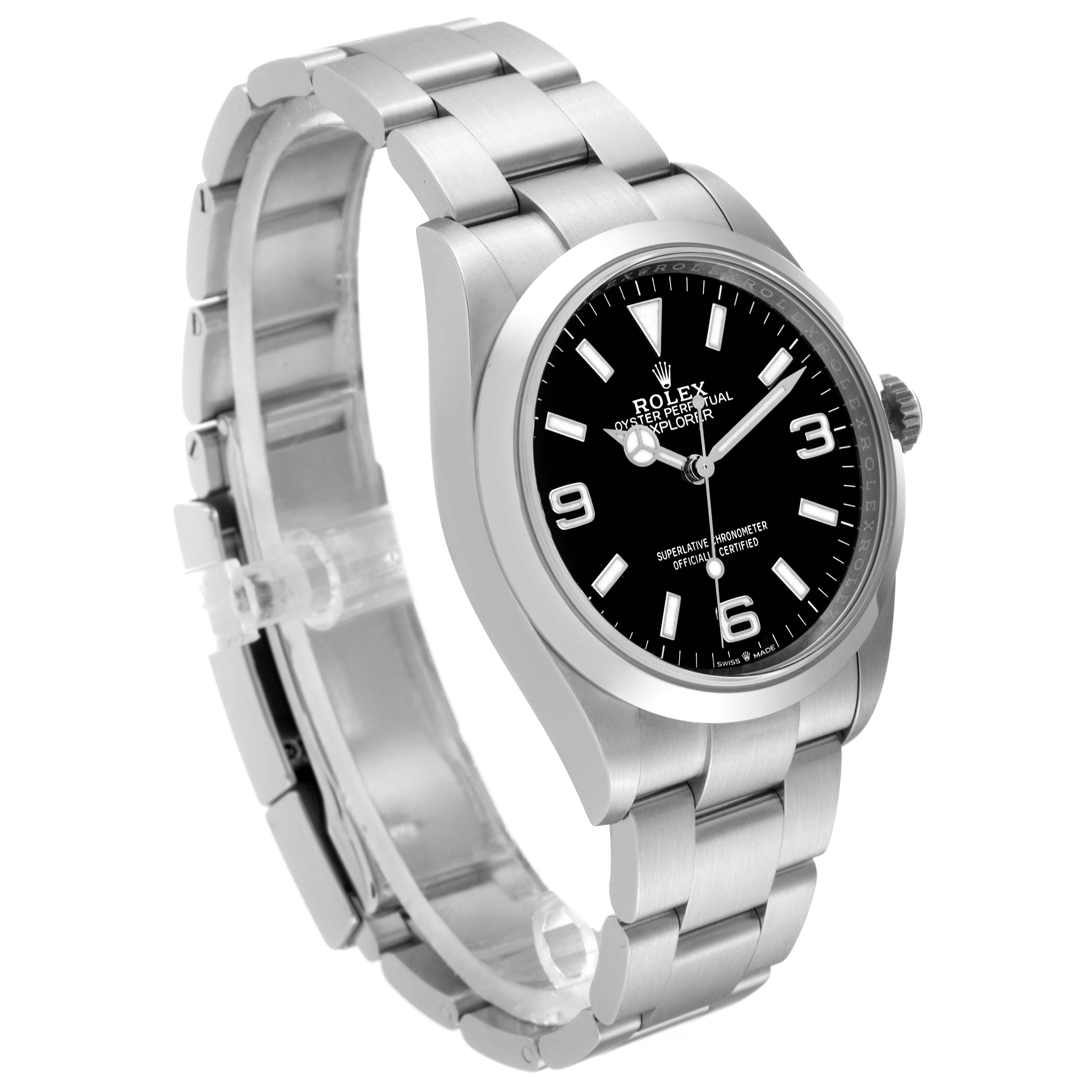 The image shows a Rolex Explorer 124270 Men
s Stainless Steel Black Dial 124270 Men
s Stainless Steel Black Dial model watch angled to display its face, bezel, crown, and part of the bracelet.