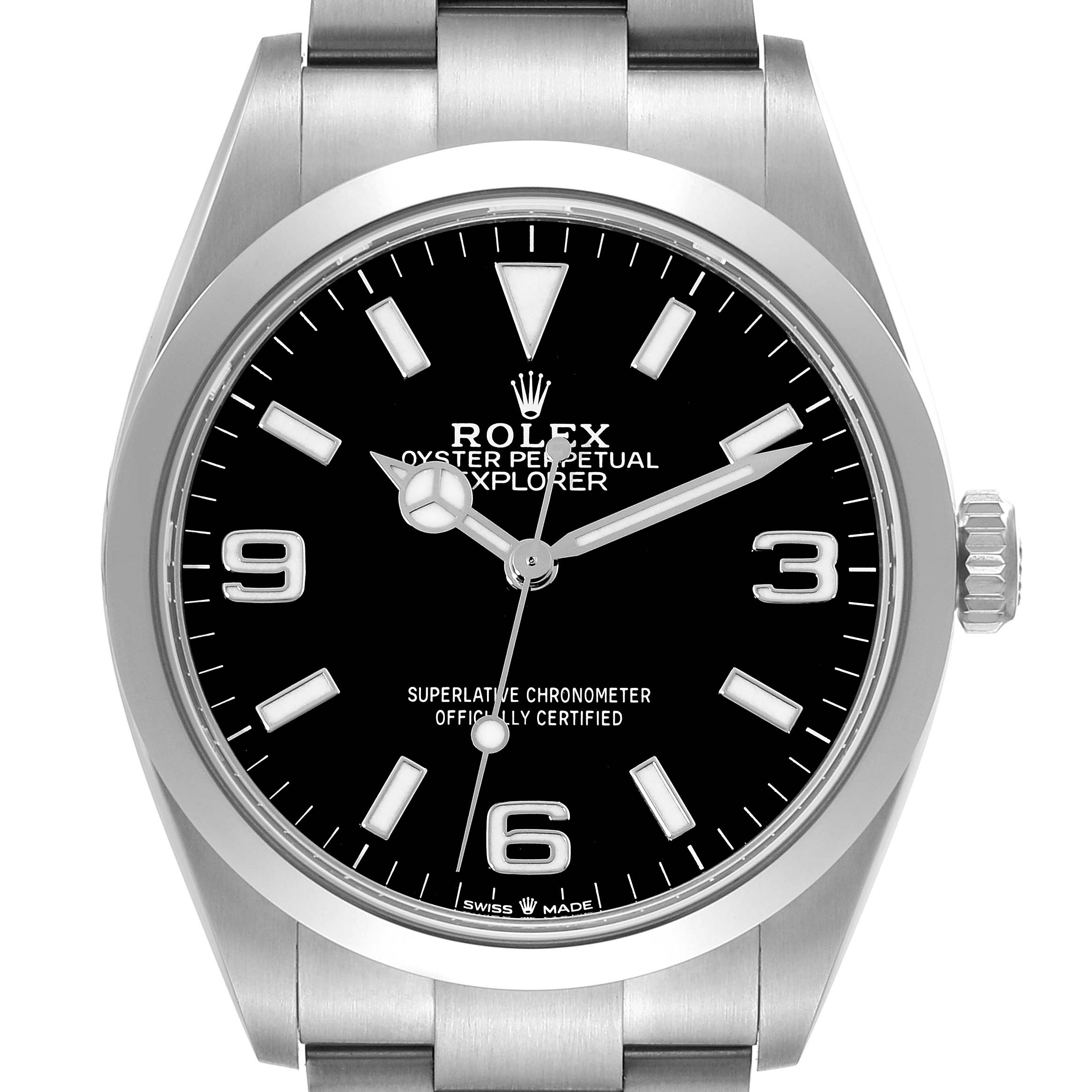 This image shows a front view of a Rolex Explorer 124270 Men
s Stainless Steel Black Dial 124270 Men
s Stainless Steel Black Dial watch face, including the bezel, crown, and part of the bracelet.