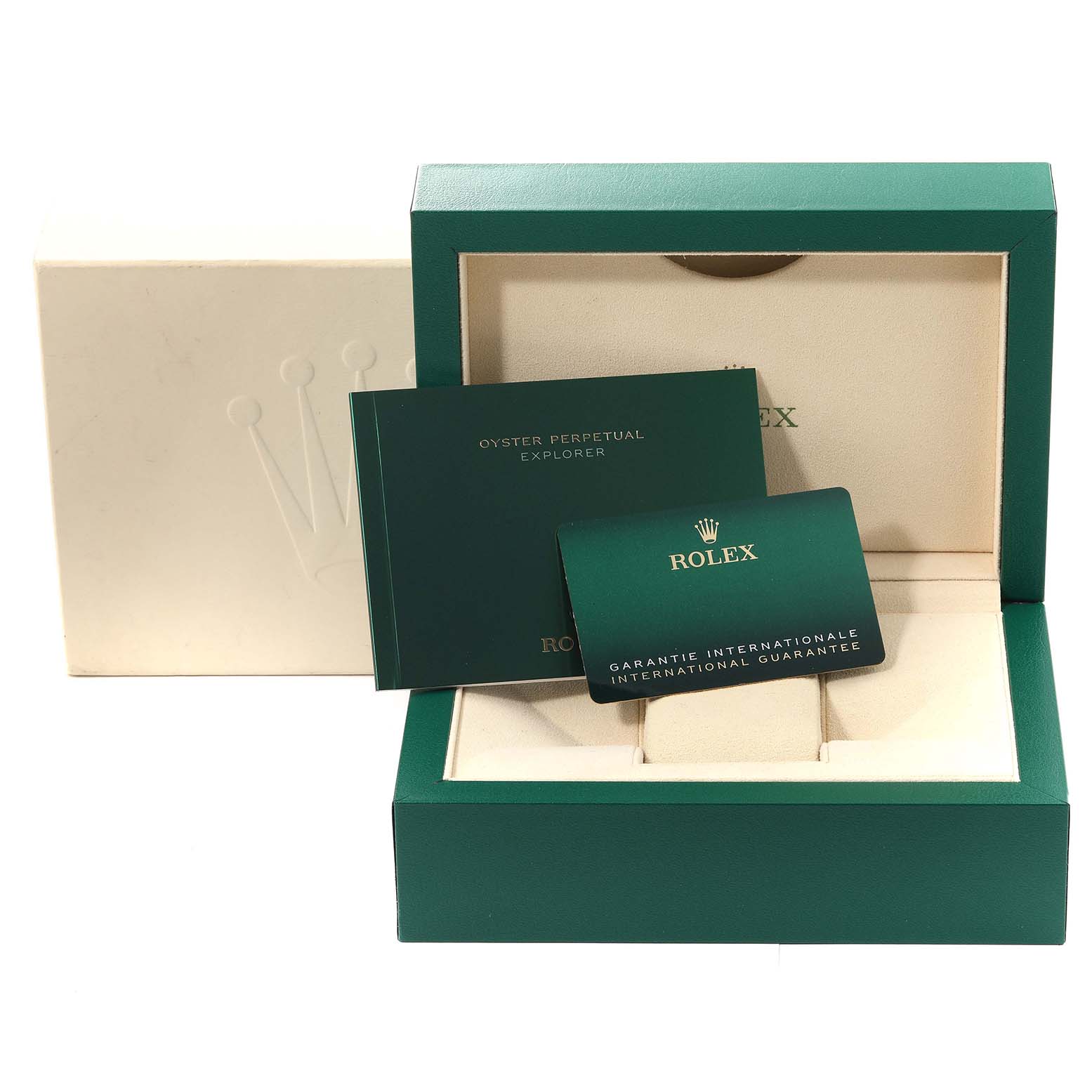 The image shows the packaging, warranty card, and manual of a Rolex Explorer 124270 Men
s Stainless Steel Black Dial 124270 Men
s Stainless Steel Black Dial watch at a slight angle.