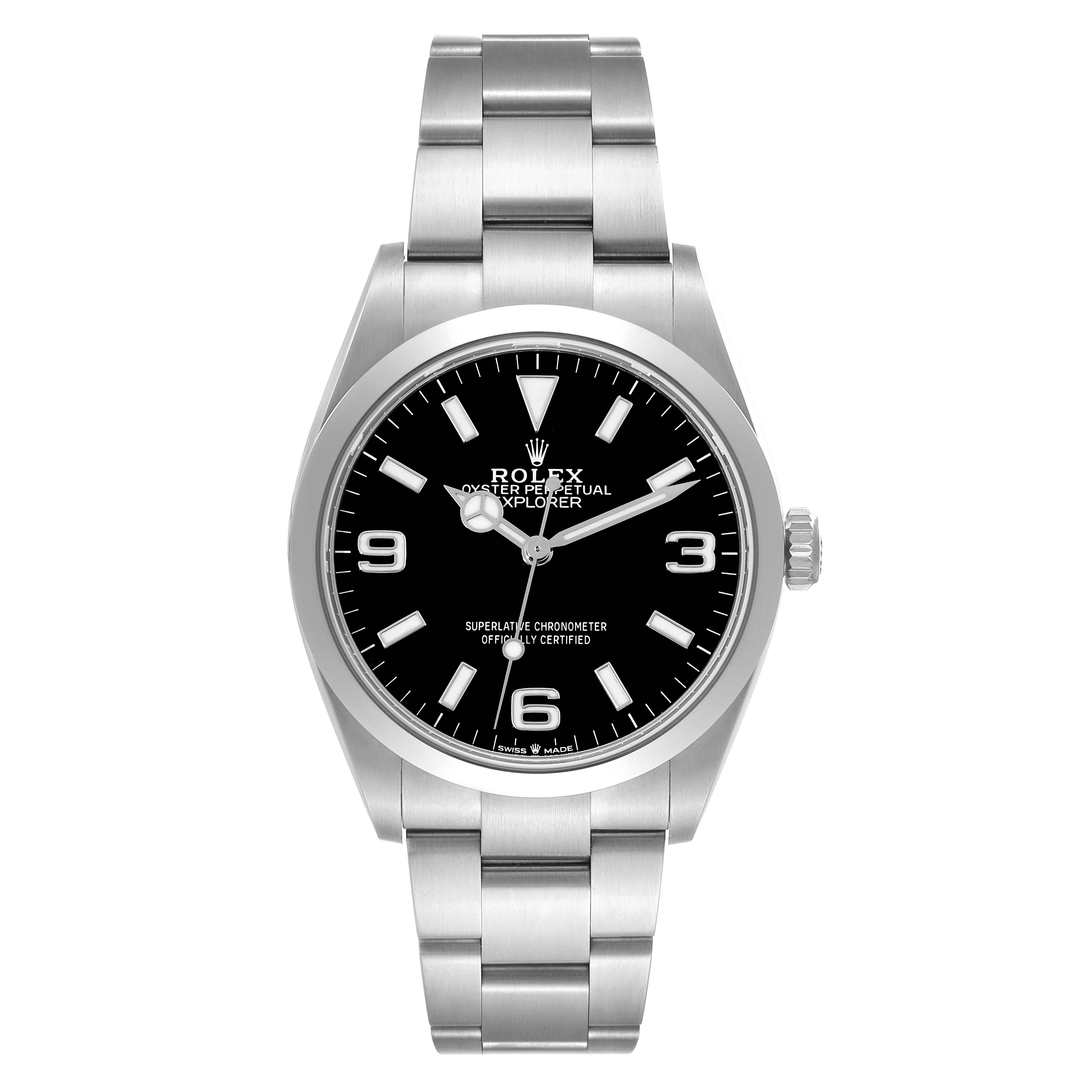 The Rolex Explorer 124270 Men
s Stainless Steel Black Dial 124270 Men
s Stainless Steel Black Dial watch is shown from the front, displaying the black dial, hour markers, hands, and stainless steel bracelet.