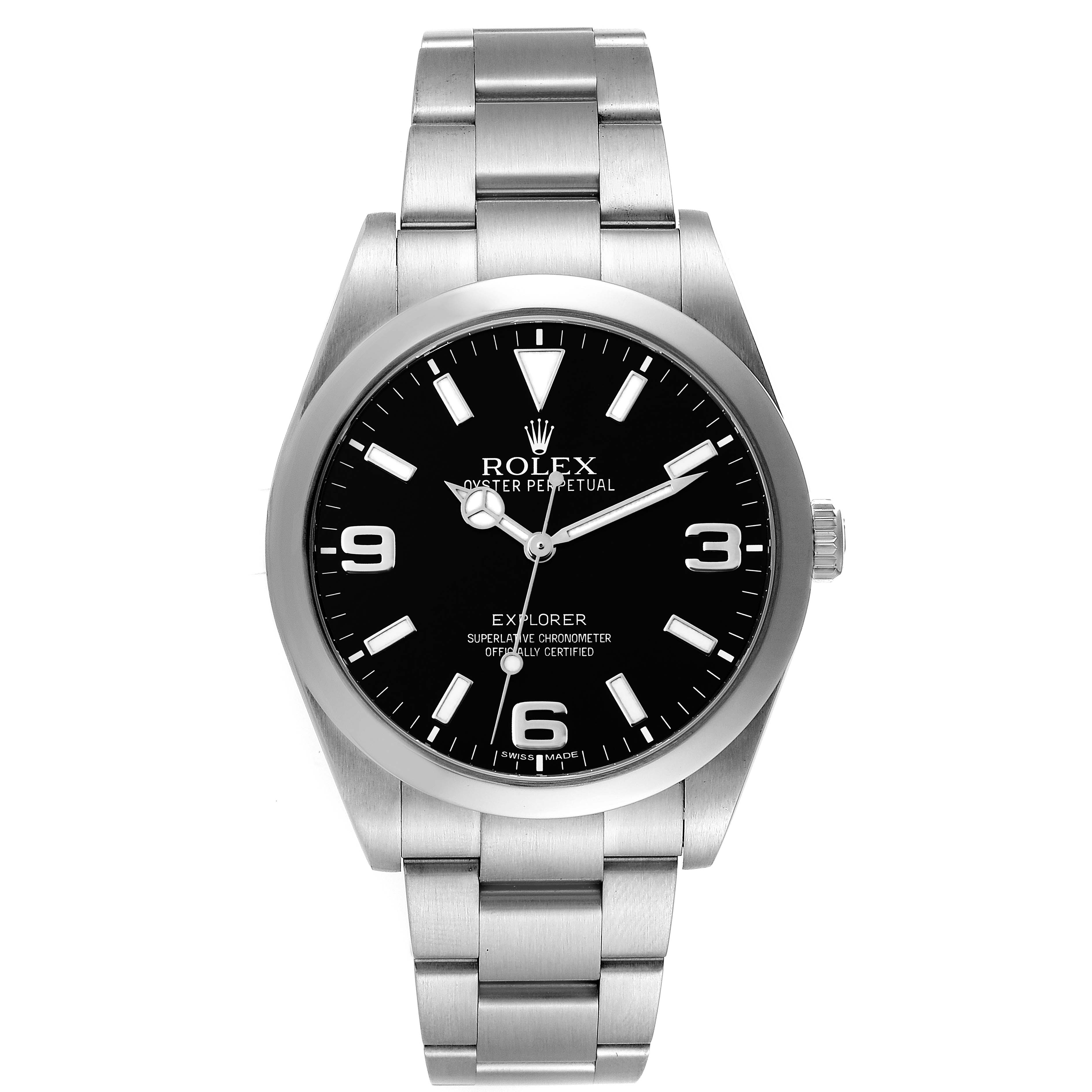 The image shows a front view of the Rolex Explorer 214270 Men
s Stainless Steel Black Dial 214270 Men
s Stainless Steel Black Dial watch, highlighting its dial, hands, case, and bracelet.