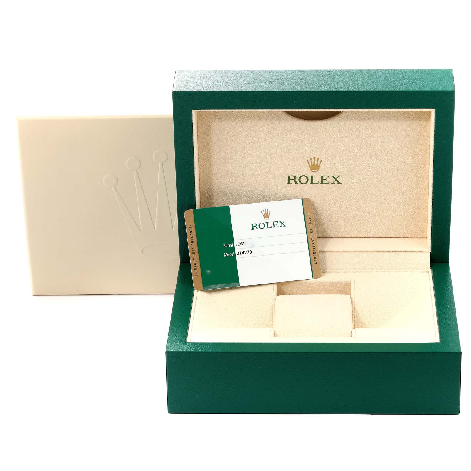 The image shows an open Rolex Explorer 214270 Men
s Stainless Steel Black Dial 214270 Men
s Stainless Steel Black Dial watch box, warranty card, and outer box from a straight angle.