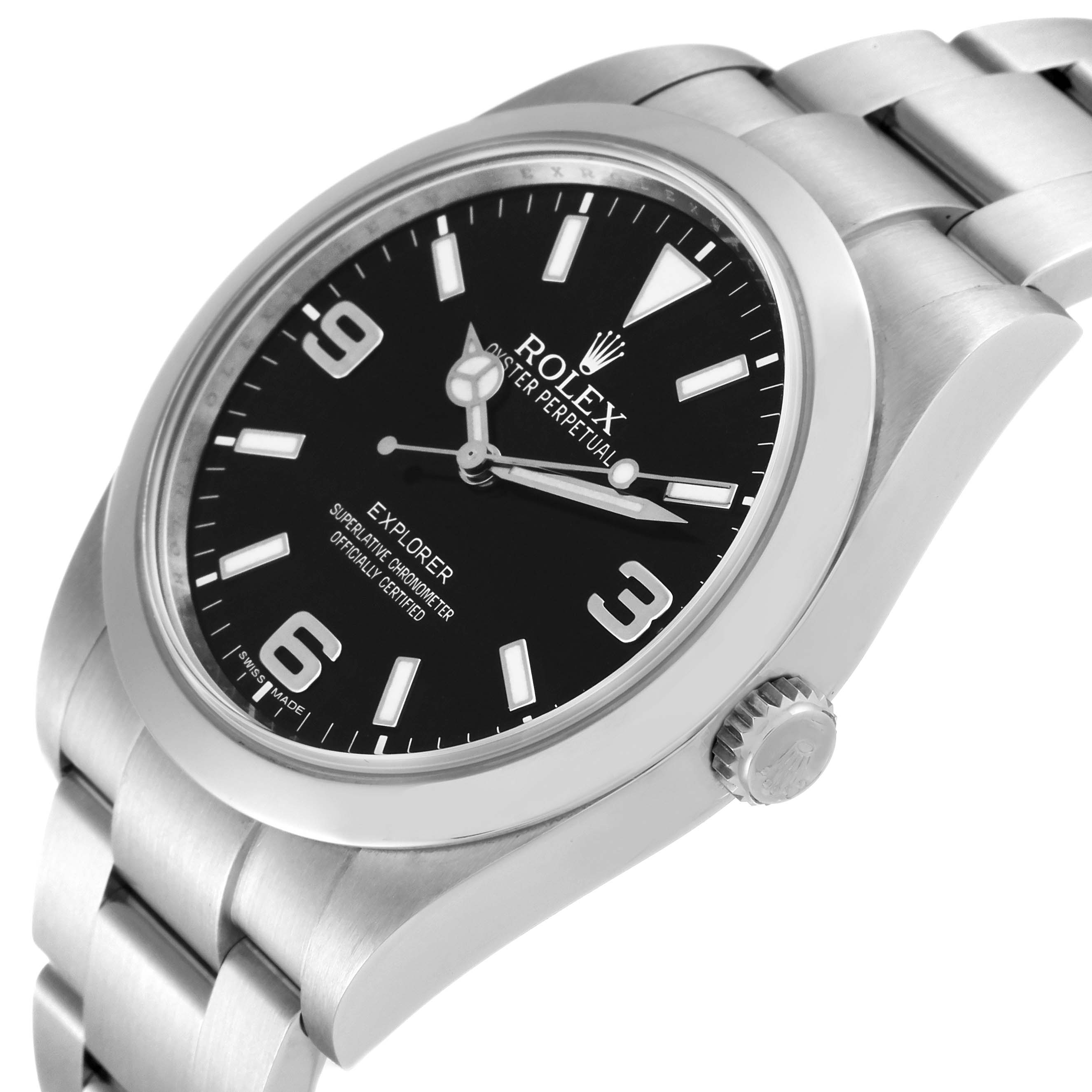The image shows the Rolex Explorer 214270 Men
s Stainless Steel Black Dial 214270 Men
s Stainless Steel Black Dial watch at an angled close-up, highlighting the dial, bezel, crown, and part of the bracelet.