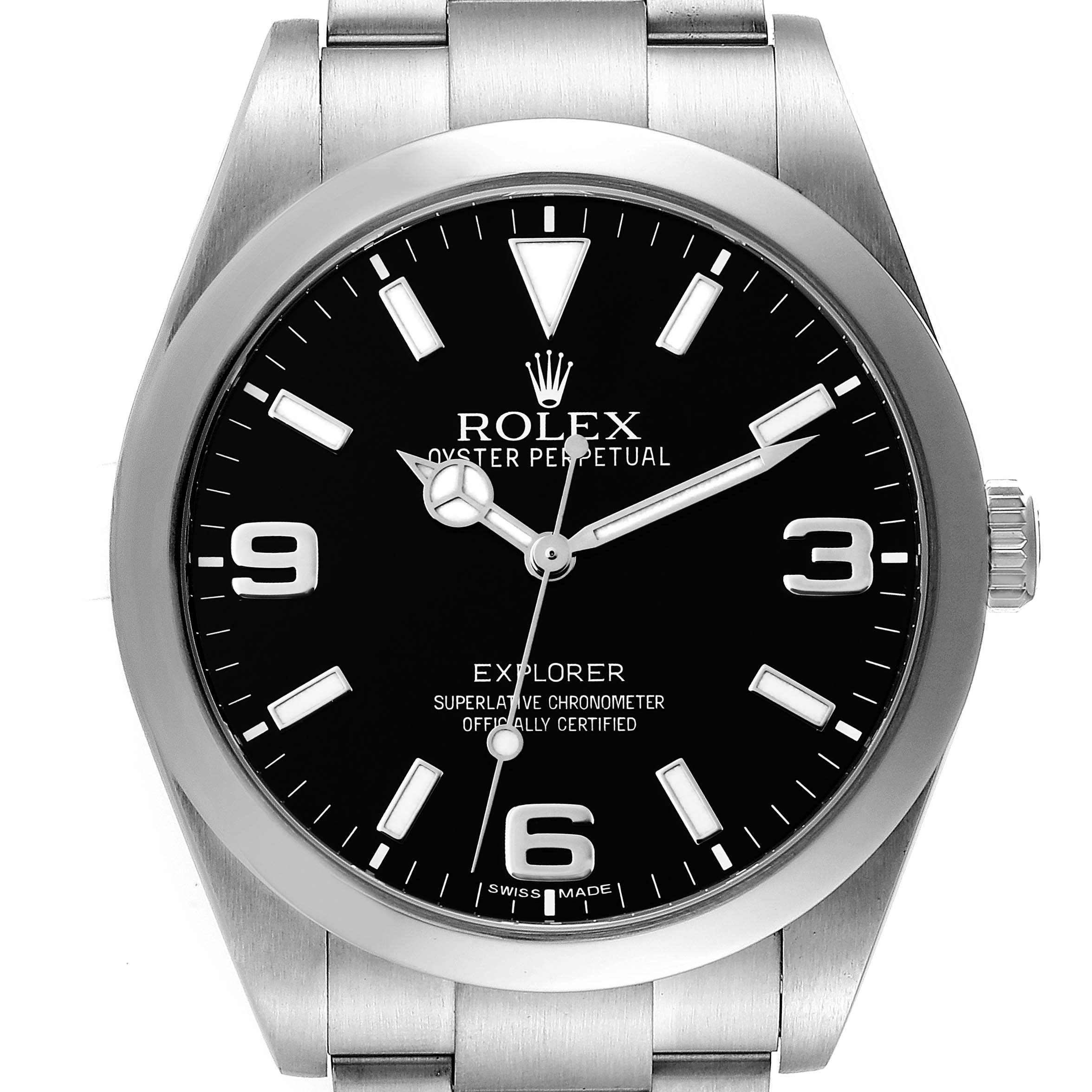 The image shows a front view of a Rolex Explorer 214270 Men
s Stainless Steel Black Dial 214270 Men
s Stainless Steel Black Dial watch, displaying the full face, bezel, crown, and part of the bracelet.