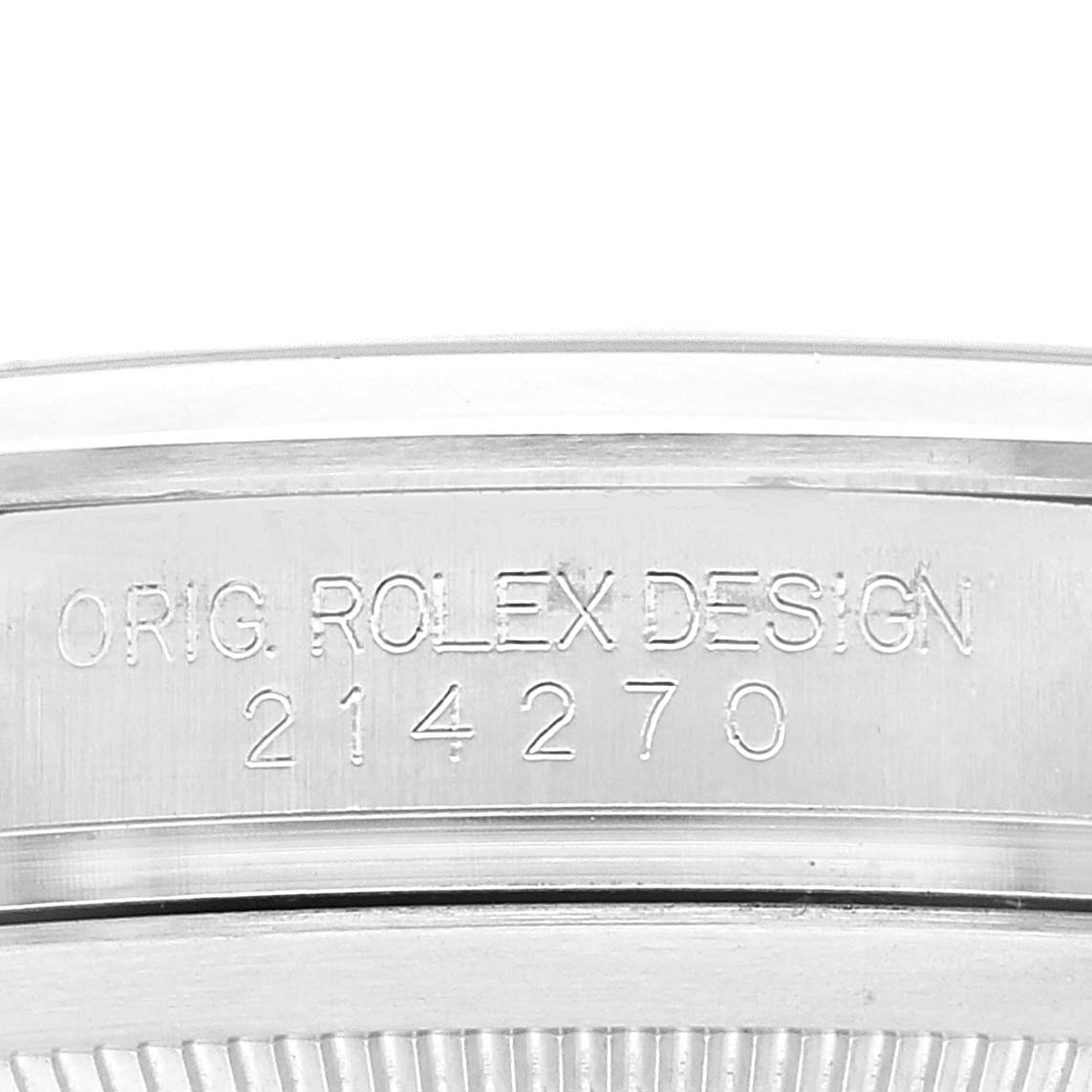 This image shows the side of the Rolex Explorer 214270 Men
s Stainless Steel Black Dial 214270 Men
s Stainless Steel Black Dial model with engraved "ORIG. ROLEX DESIGN" and the model number 214270.