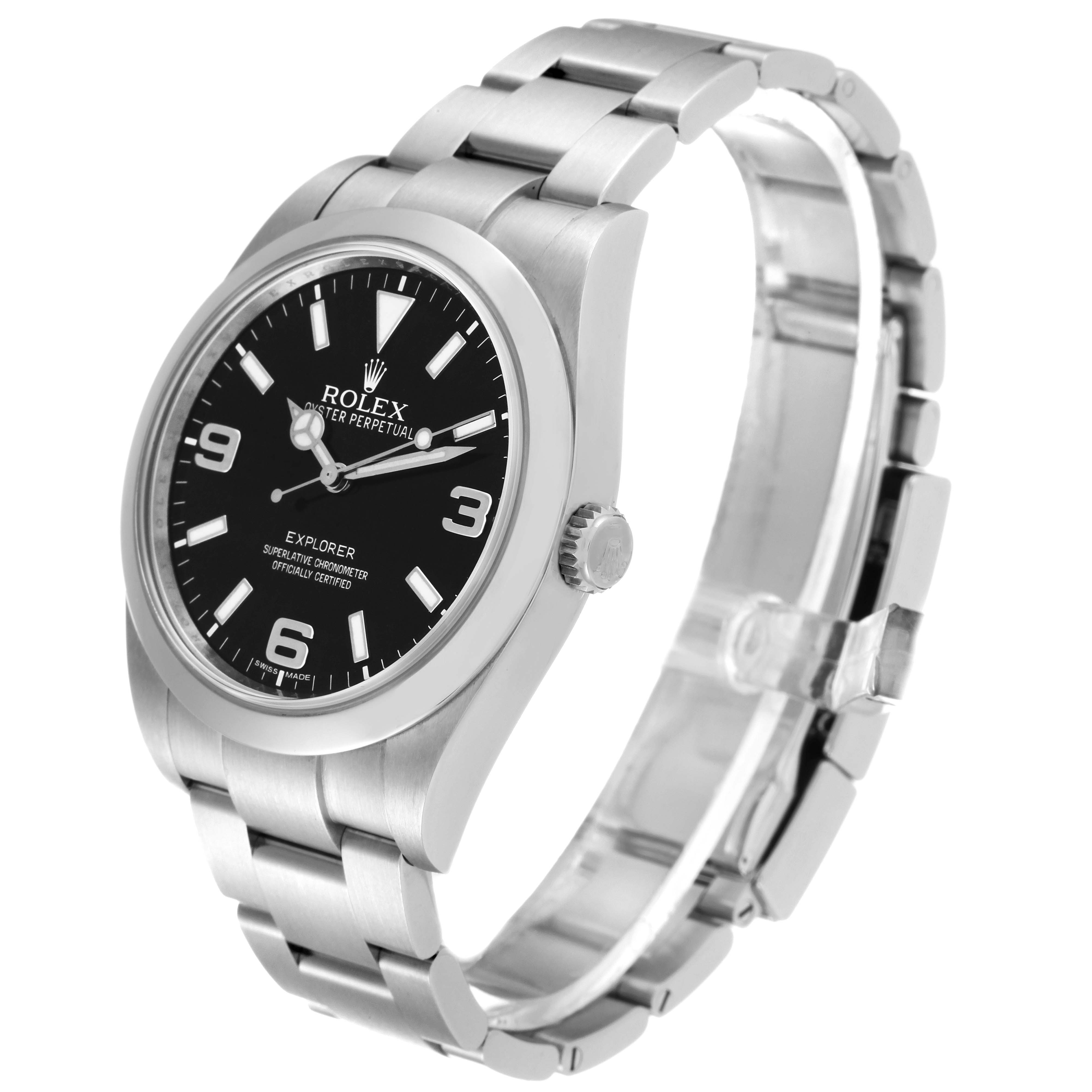 This image shows a side angle of the Rolex Explorer 214270 Men
s Stainless Steel Black Dial 214270 Men
s Stainless Steel Black Dial watch displaying its face, crown, and metal bracelet.