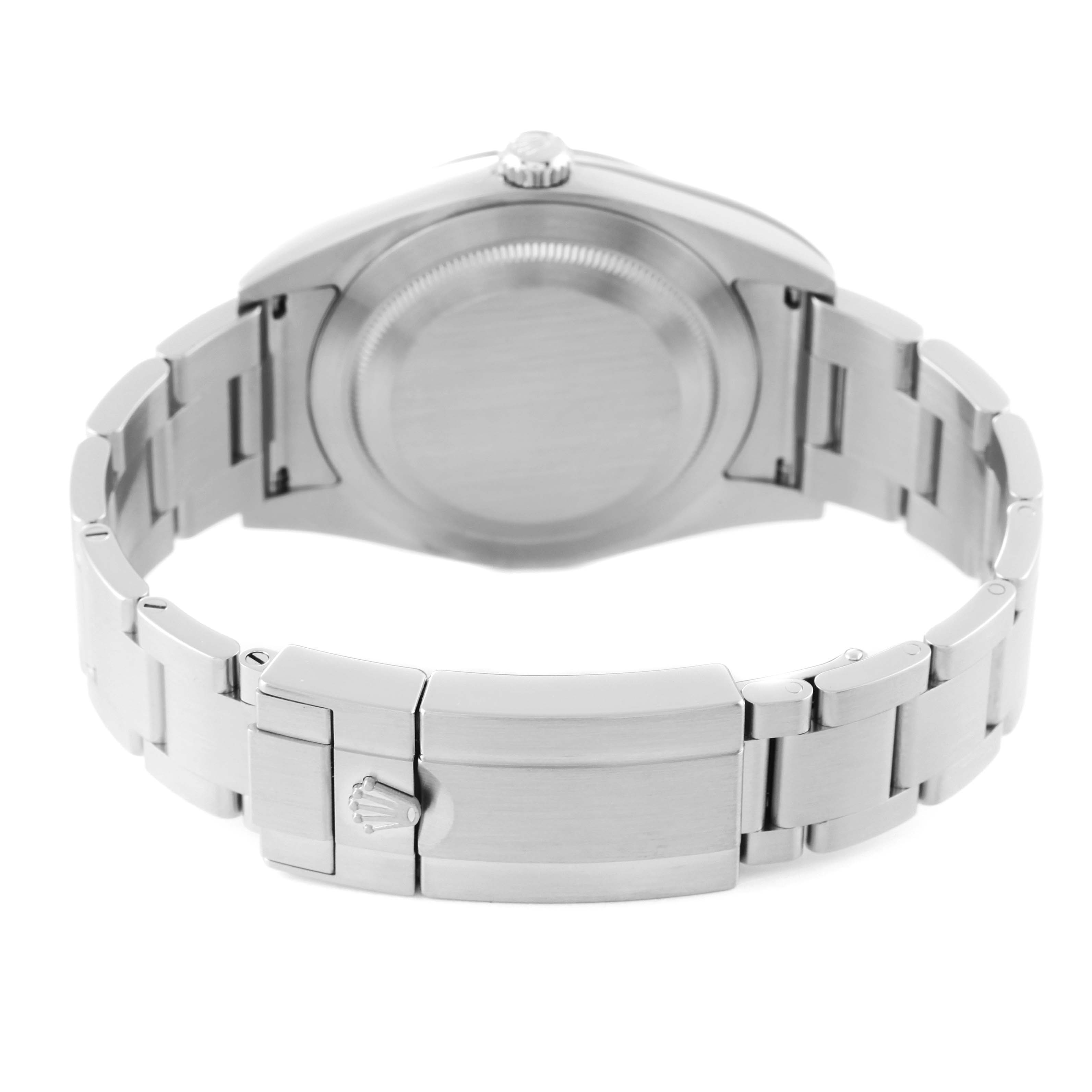 The image shows the back of the Rolex Explorer 214270 Men
s Stainless Steel Black Dial 214270 Men
s Stainless Steel Black Dial watch, focusing on the case back and bracelet with the clasp.