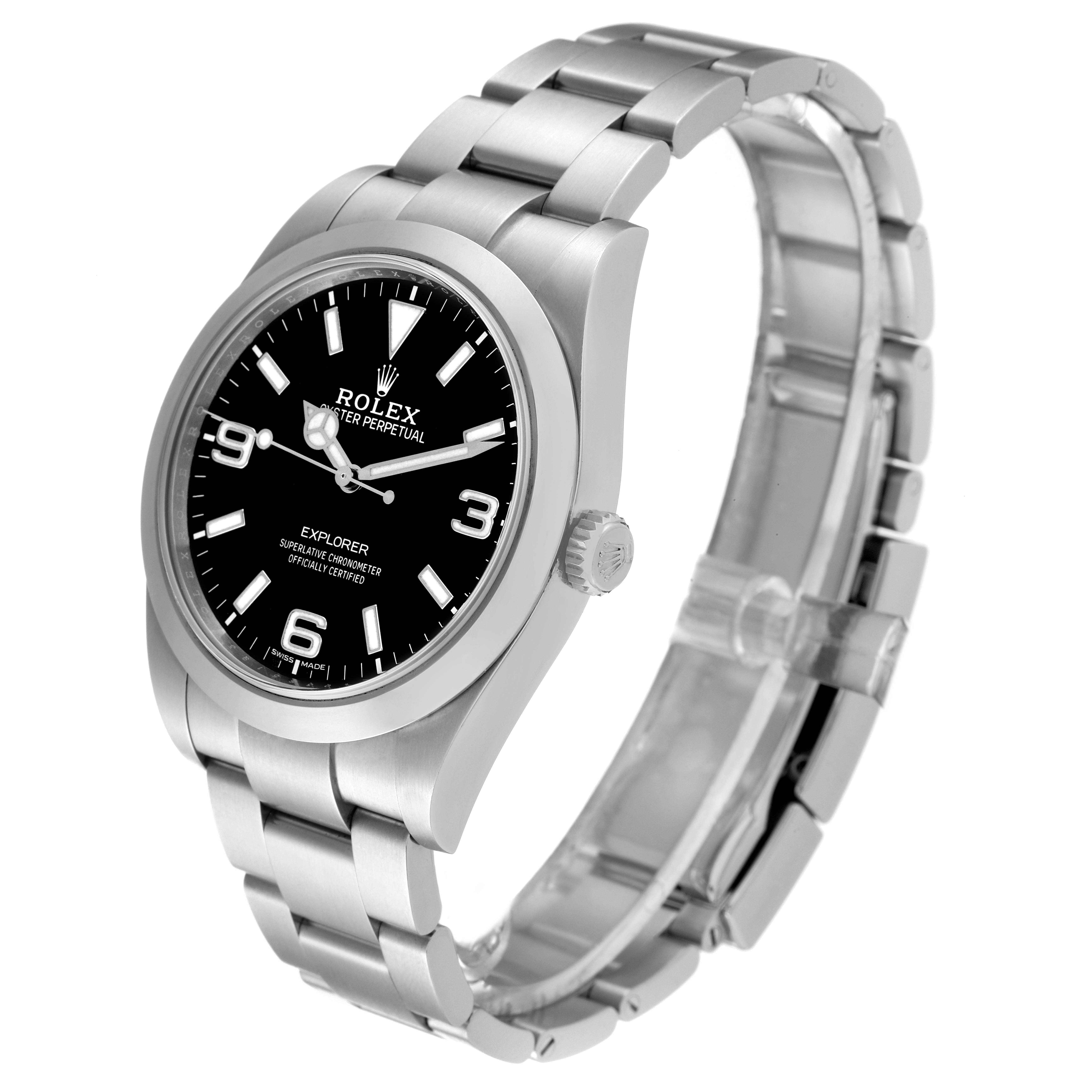 The image shows a Rolex Explorer 214270 Men
s Stainless Steel Black Dial 214270 Men
s Stainless Steel Black Dial watch from a front-left angle, highlighting its dial, bezel, and bracelet.