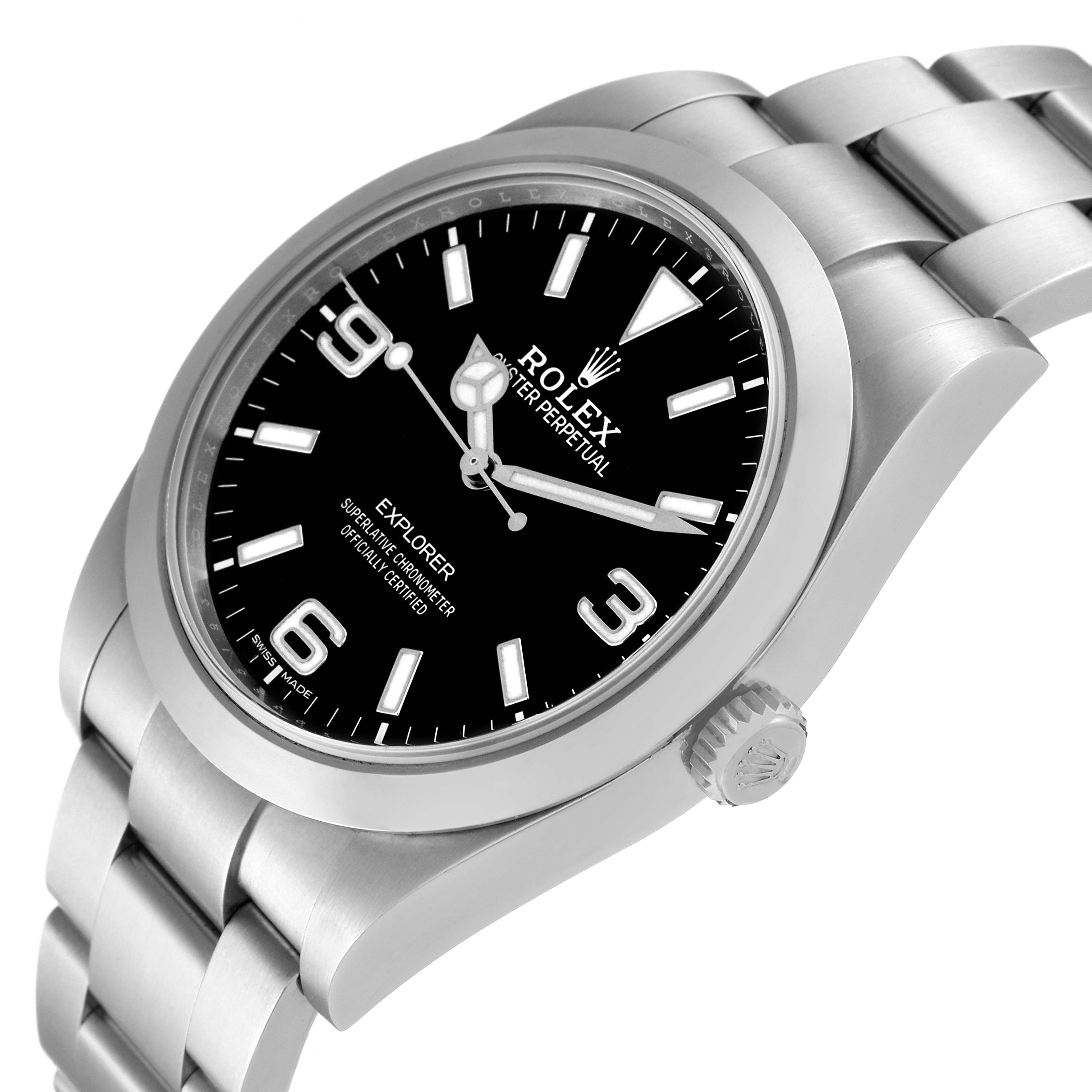 The Rolex Explorer 214270 Men
s Stainless Steel Black Dial 214270 Men
s Stainless Steel Black Dial watch is angled to show its face, bezel, crown, and part of its stainless steel bracelet.