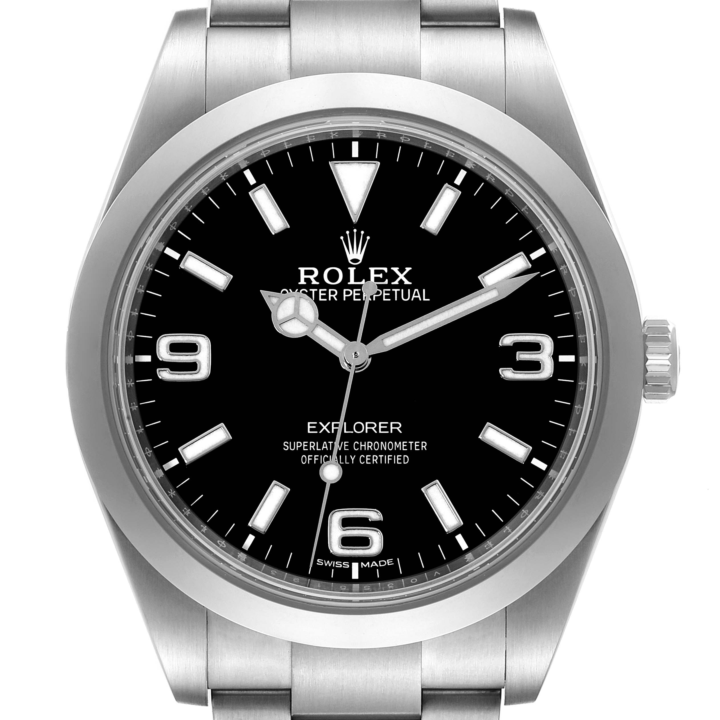 This image shows a frontal view of a Rolex Explorer 214270 Men
s Stainless Steel Black Dial 214270 Men
s Stainless Steel Black Dial watch, displaying its face, bezel, and part of the bracelet.
