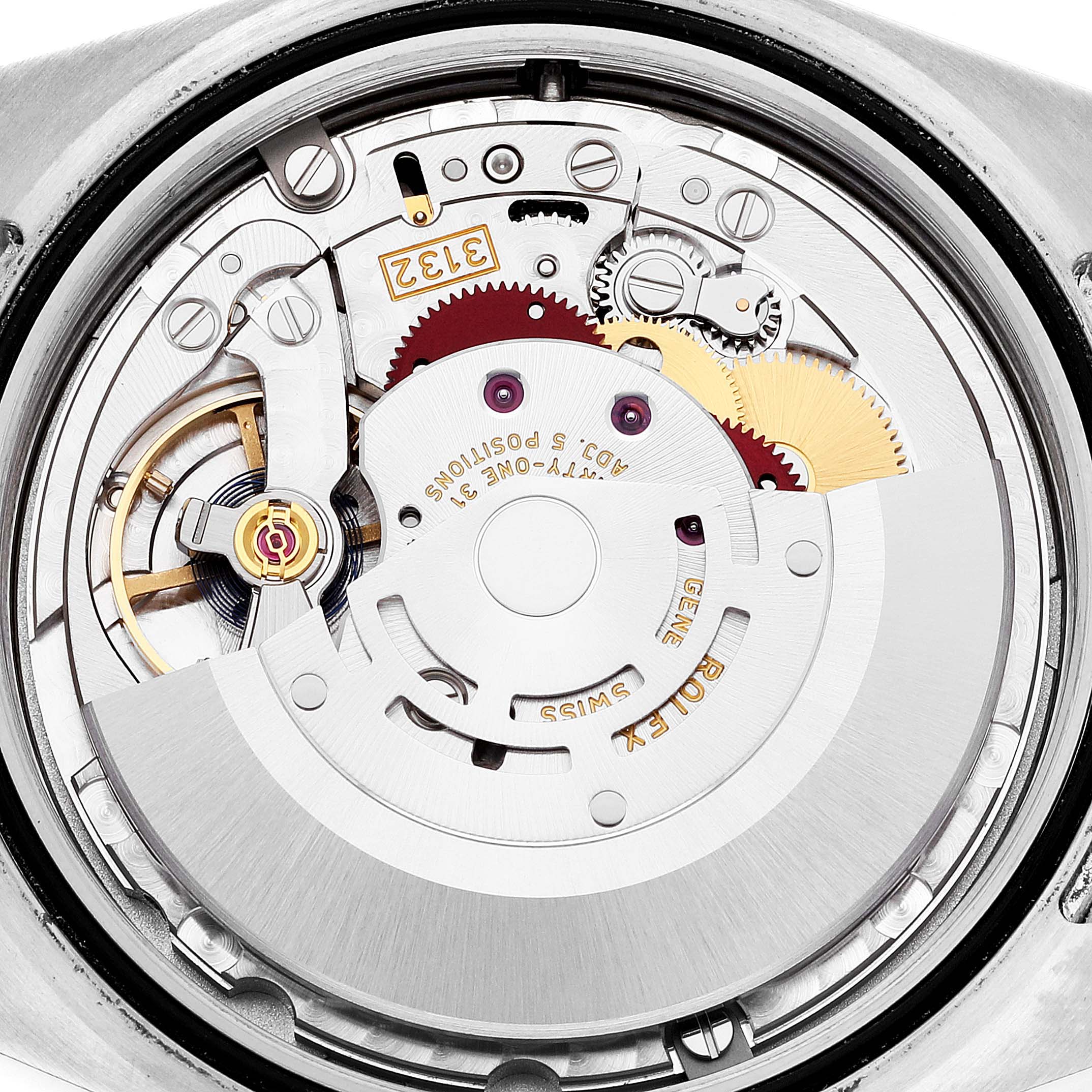 The image shows the inner mechanism and movement components of a Rolex Explorer 214270 Men
s Stainless Steel Black Dial 214270 Men
s Stainless Steel Black Dial watch from a rear angle.