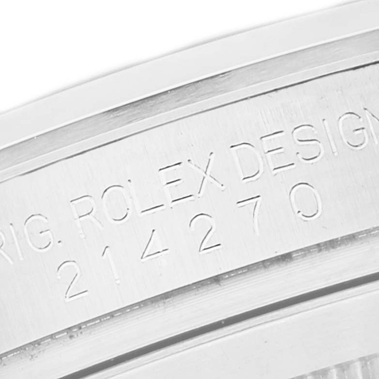 This image shows a close-up of the inscription on the side of a Rolex Explorer 214270 Men
s Stainless Steel Black Dial 214270 Men
s Stainless Steel Black Dial watch case.
