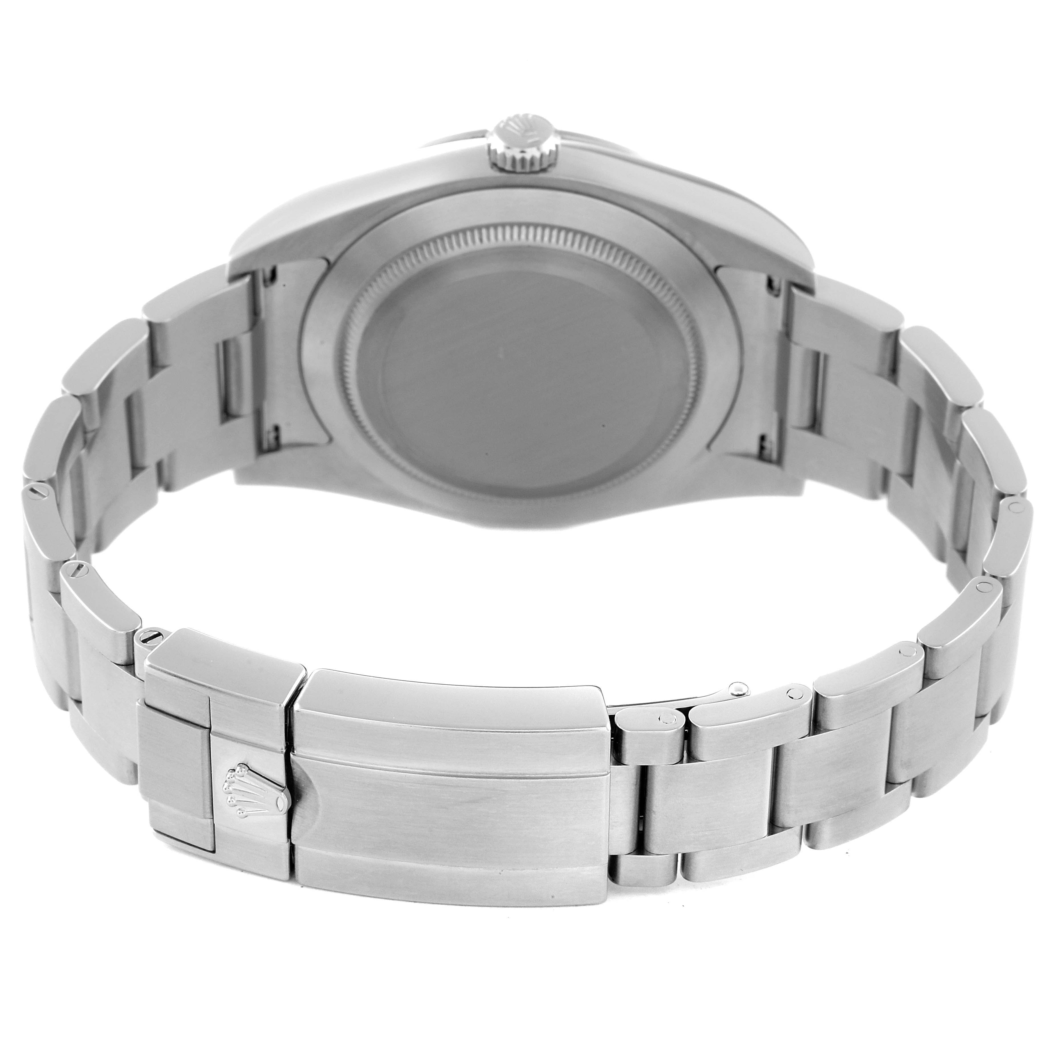 This image shows the back view of the Rolex Explorer 214270 Men
s Stainless Steel Black Dial 214270 Men
s Stainless Steel Black Dial watch, focusing on the case back, crown, and bracelet clasp.