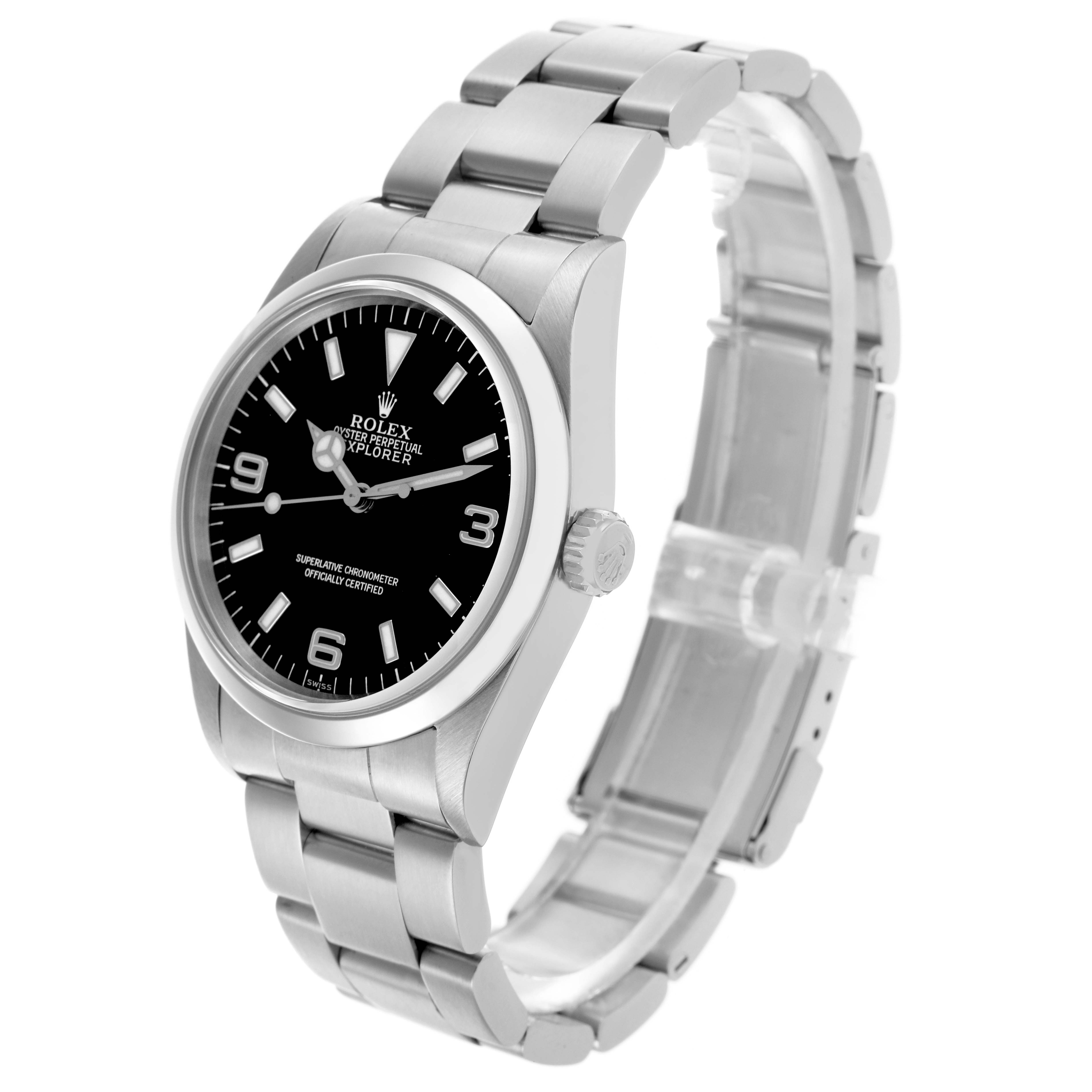 The image shows a Rolex Explorer 14270 Men
s Stainless Steel Black Dial 14270 Men
s Stainless Steel Black Dial watch at a three-quarter angle, displaying the face, bezel, and bracelet.