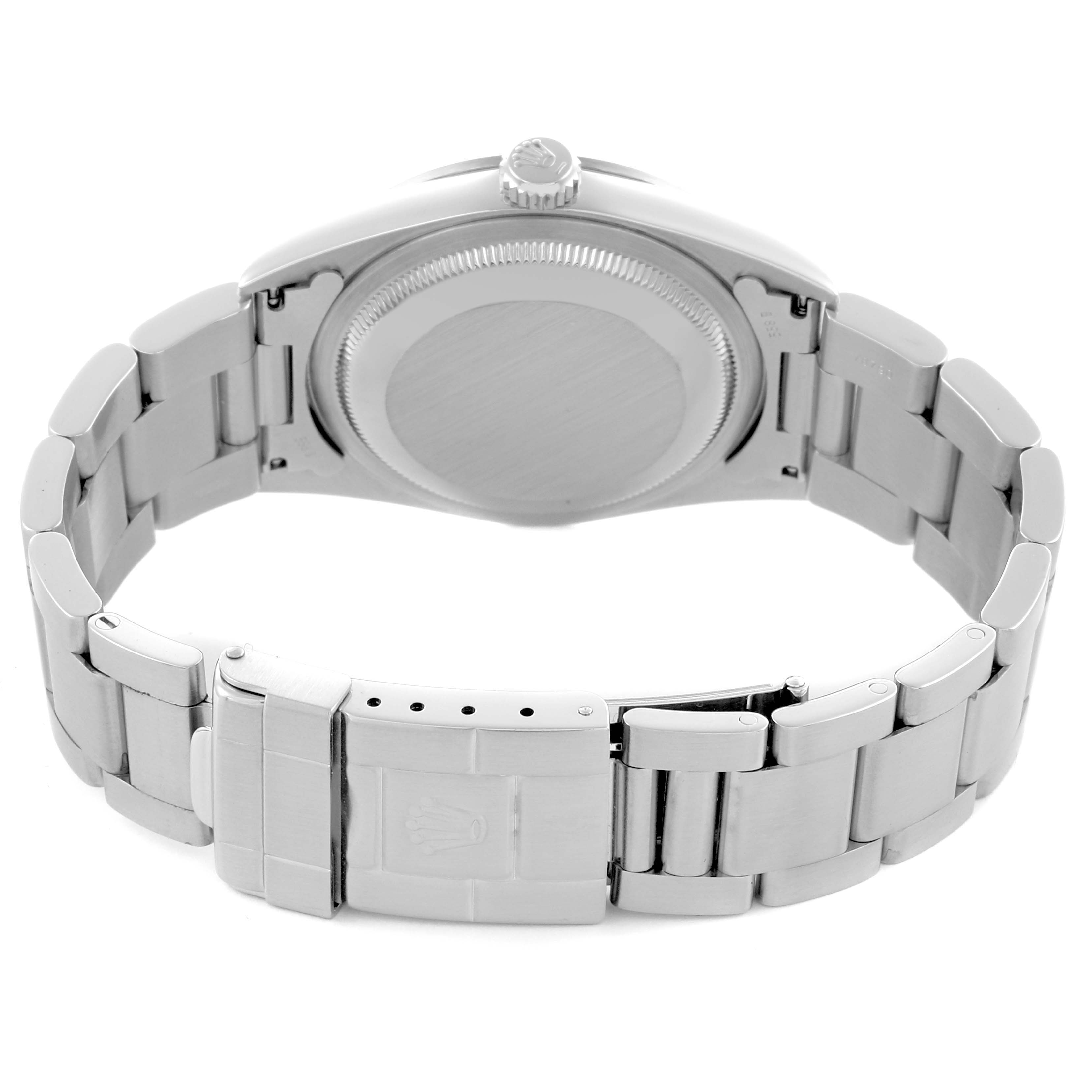 The image shows the back and bracelet of a Rolex Explorer 14270 Men
s Stainless Steel Black Dial 14270 Men
s Stainless Steel Black Dial watch, highlighting the clasp and case back.