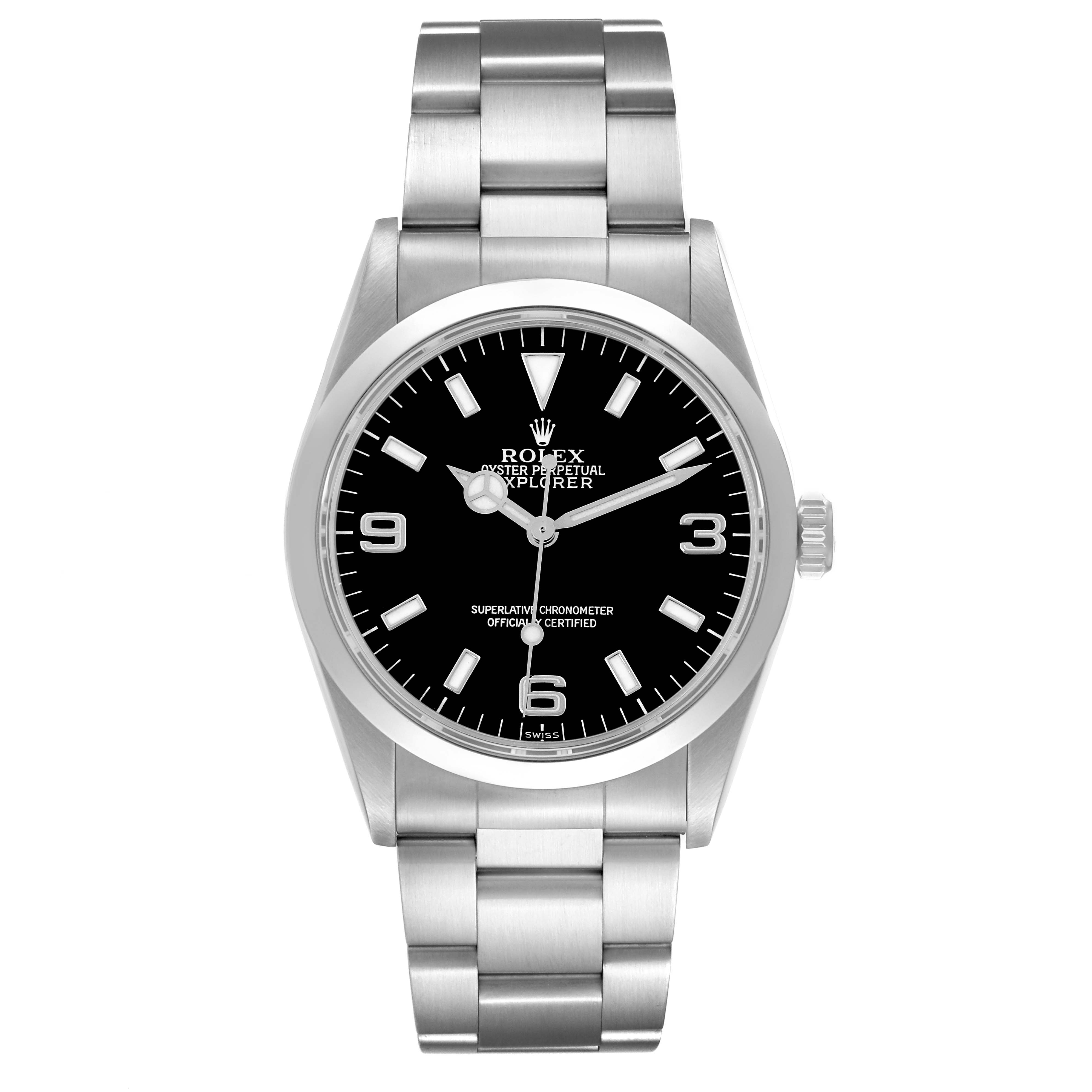 The image displays a front view of a Rolex Explorer 14270 Men
s Stainless Steel Black Dial 14270 Men
s Stainless Steel Black Dial, showcasing its black dial, hour markers, and stainless steel bracelet.