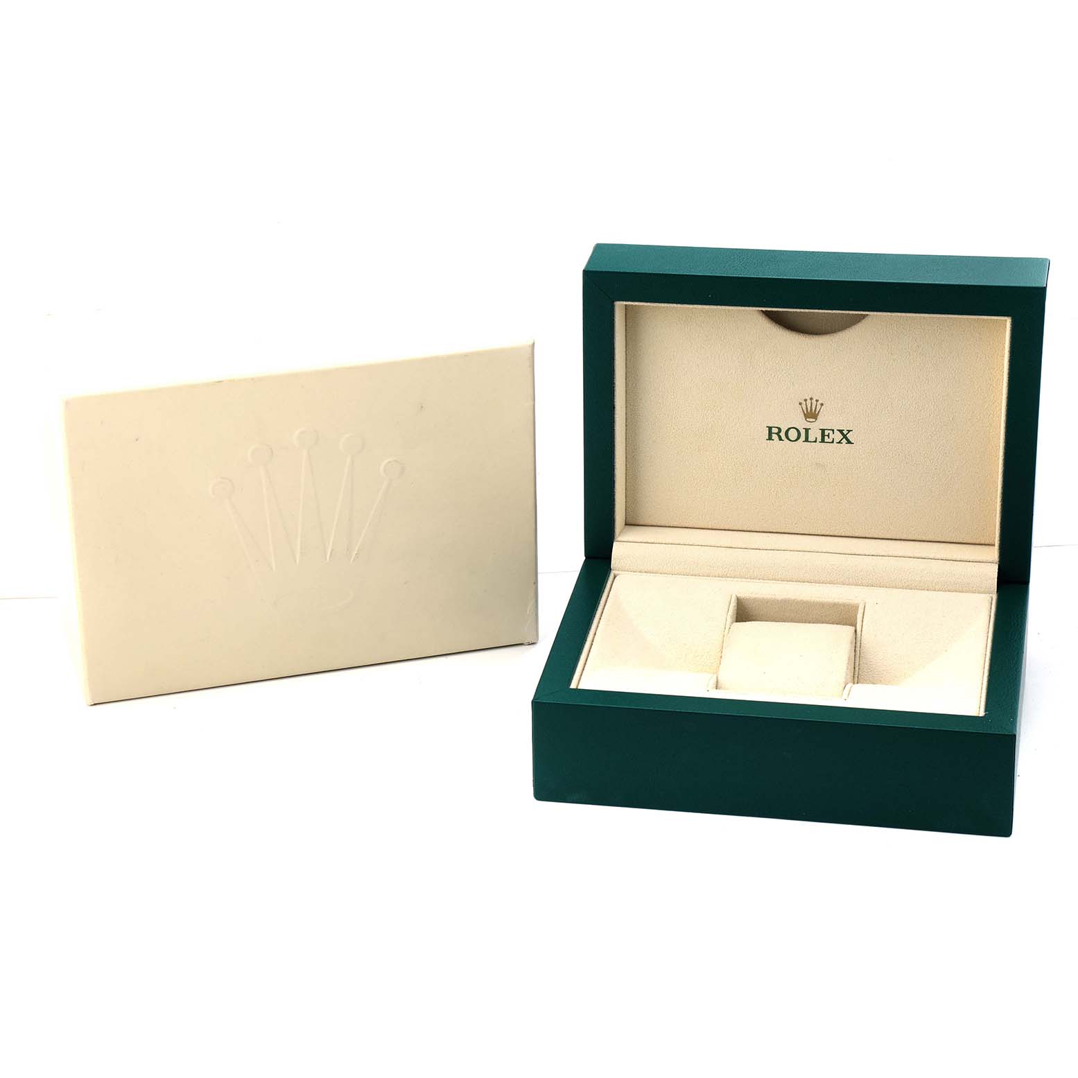 The image shows an open Rolex Explorer 124273 Men's Steel and Gold (two tone) Black Dial watch box with its cream interior and a closed cream-colored warranty card envelope.