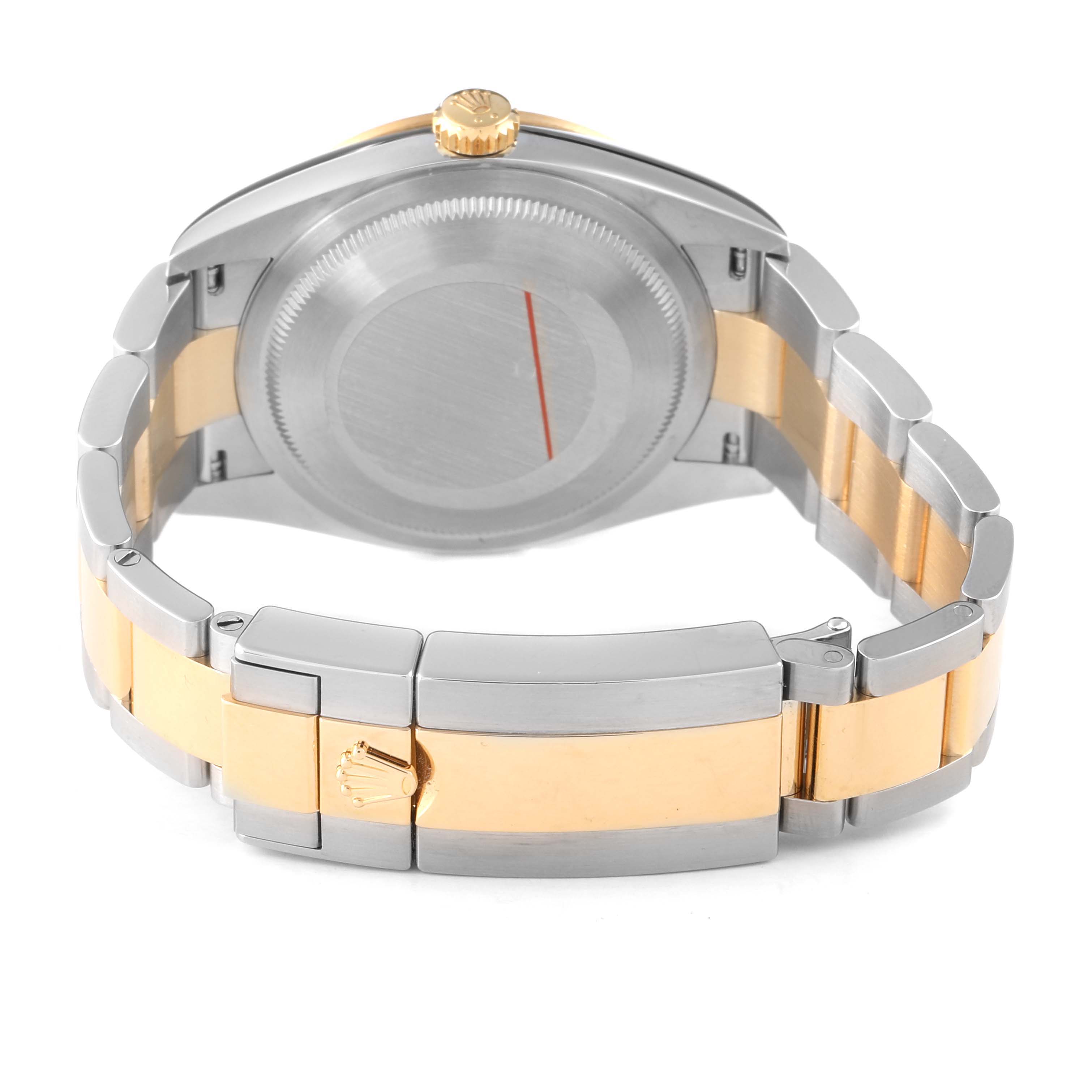 This image shows the back of a Rolex Explorer 124273 Men's Steel and Gold (two tone) Black Dial watch, highlighting the bracelet, clasp, and case back.
