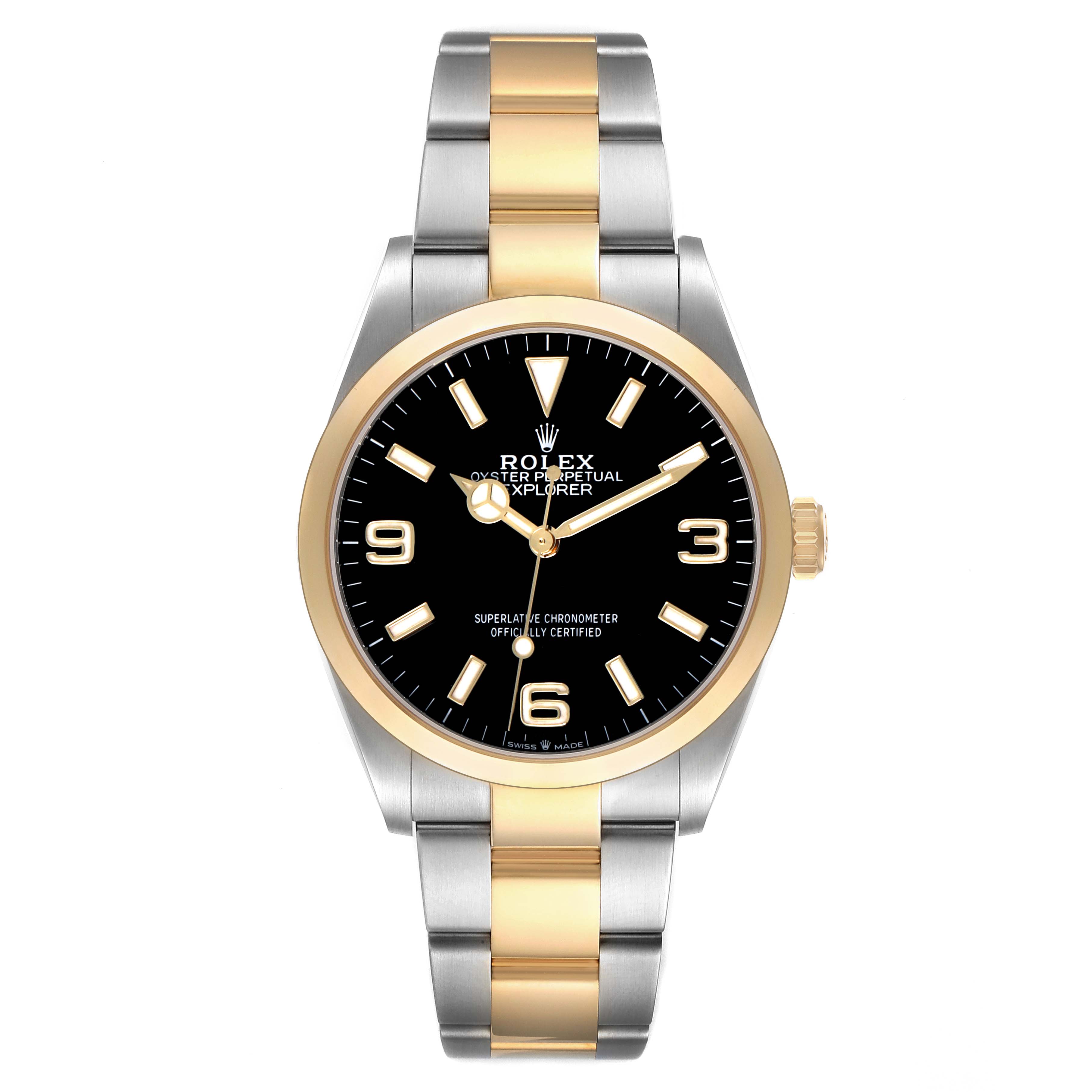 The image shows a frontal view of the Rolex Explorer 124273 Men's Steel and Gold (two tone) Black Dial watch, highlighting its two-tone bracelet, black dial, and gold bezel.