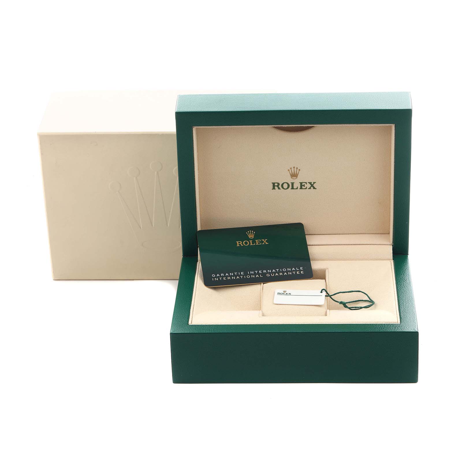 The image shows the packaging of a Rolex Explorer 226570 Men
s Stainless Steel White Dial 226570 Men
s Stainless Steel White Dial watch, including the inner box, warranty card, and tags.