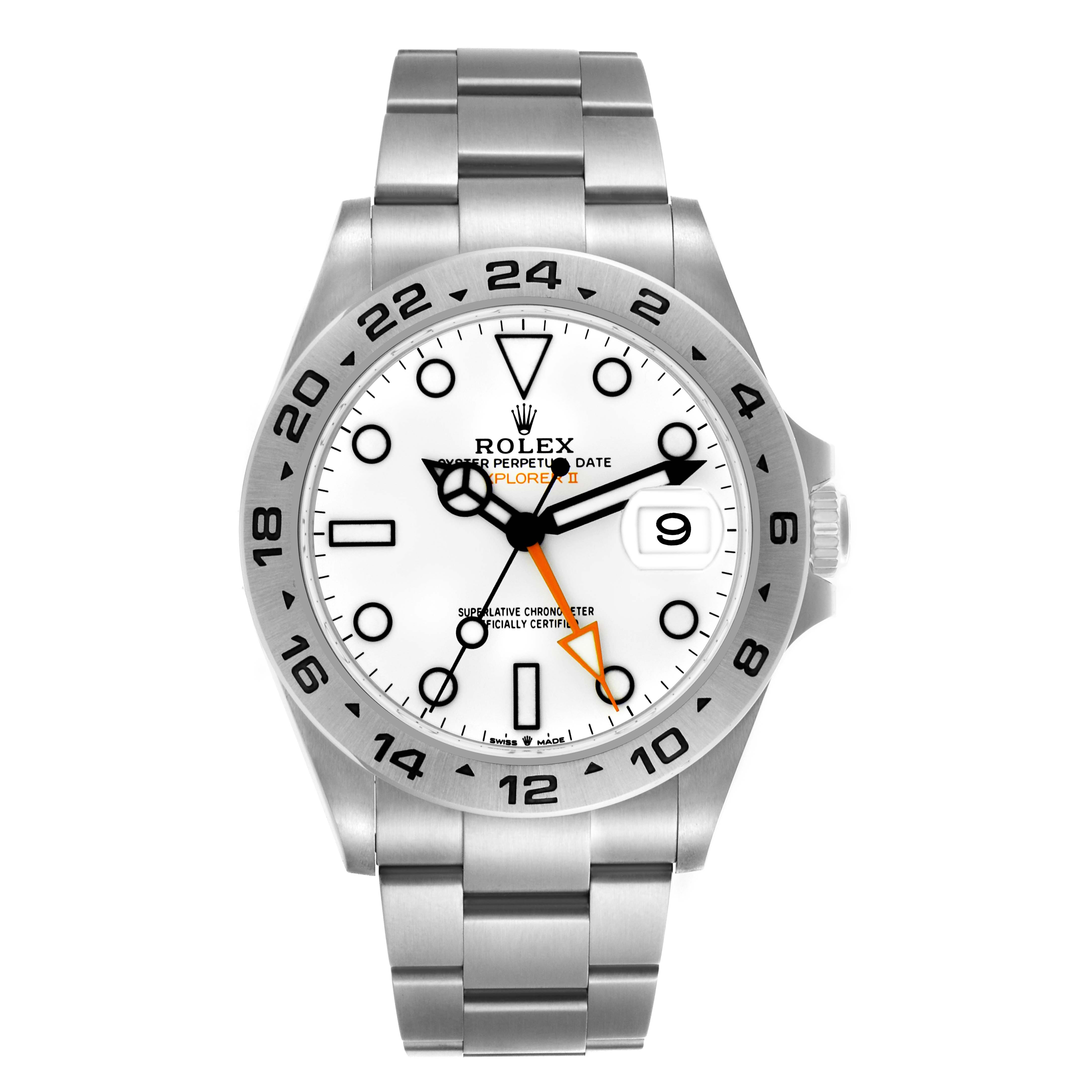 The Rolex Explorer 226570 Men
s Stainless Steel White Dial 226570 Men
s Stainless Steel White Dial watch is shown from the front, displaying its bezel, dial, hands, and bracelet.