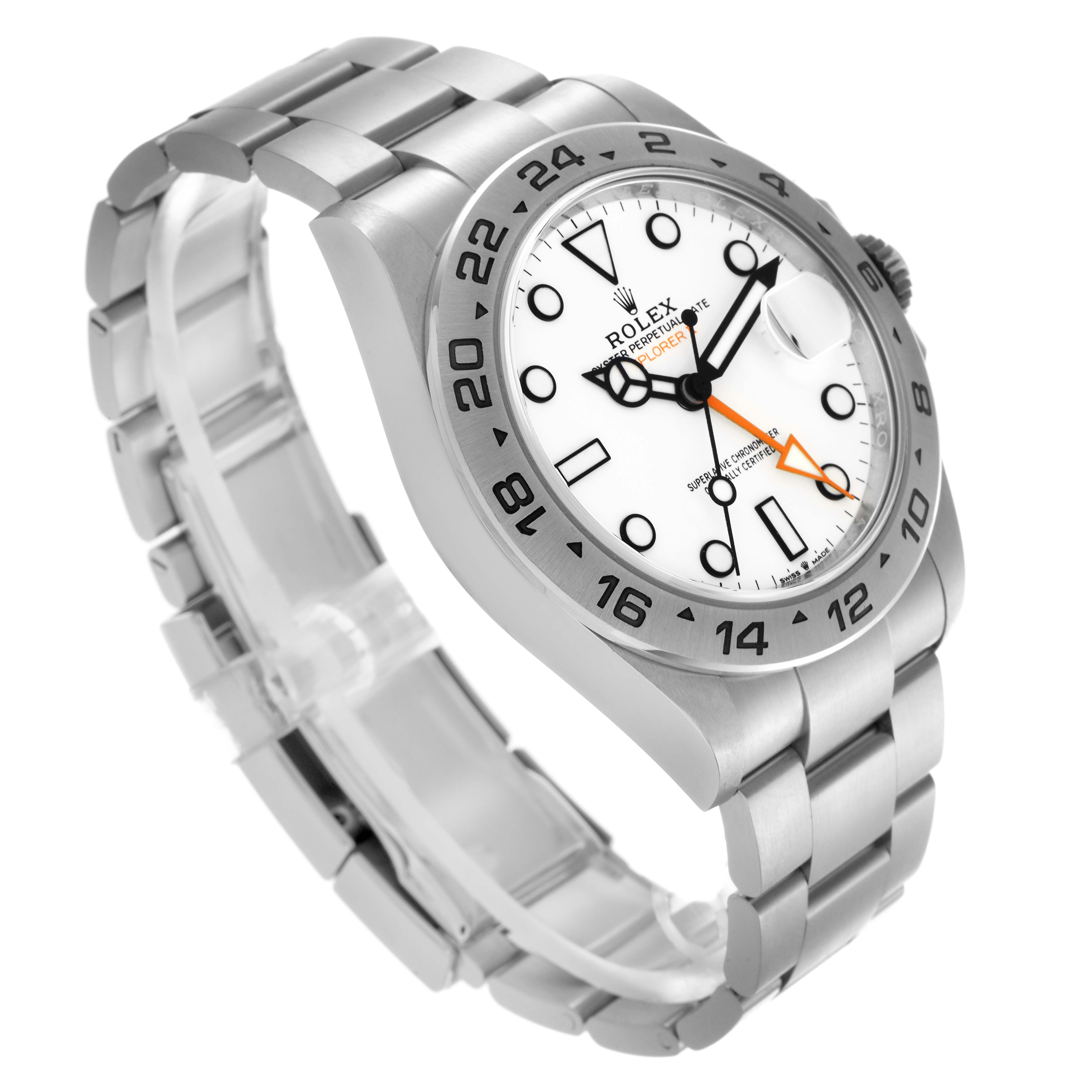 The image shows a Rolex Explorer 226570 Men
s Stainless Steel White Dial 226570 Men
s Stainless Steel White Dial model watch at an angle highlighting the face, bezel, and bracelet.