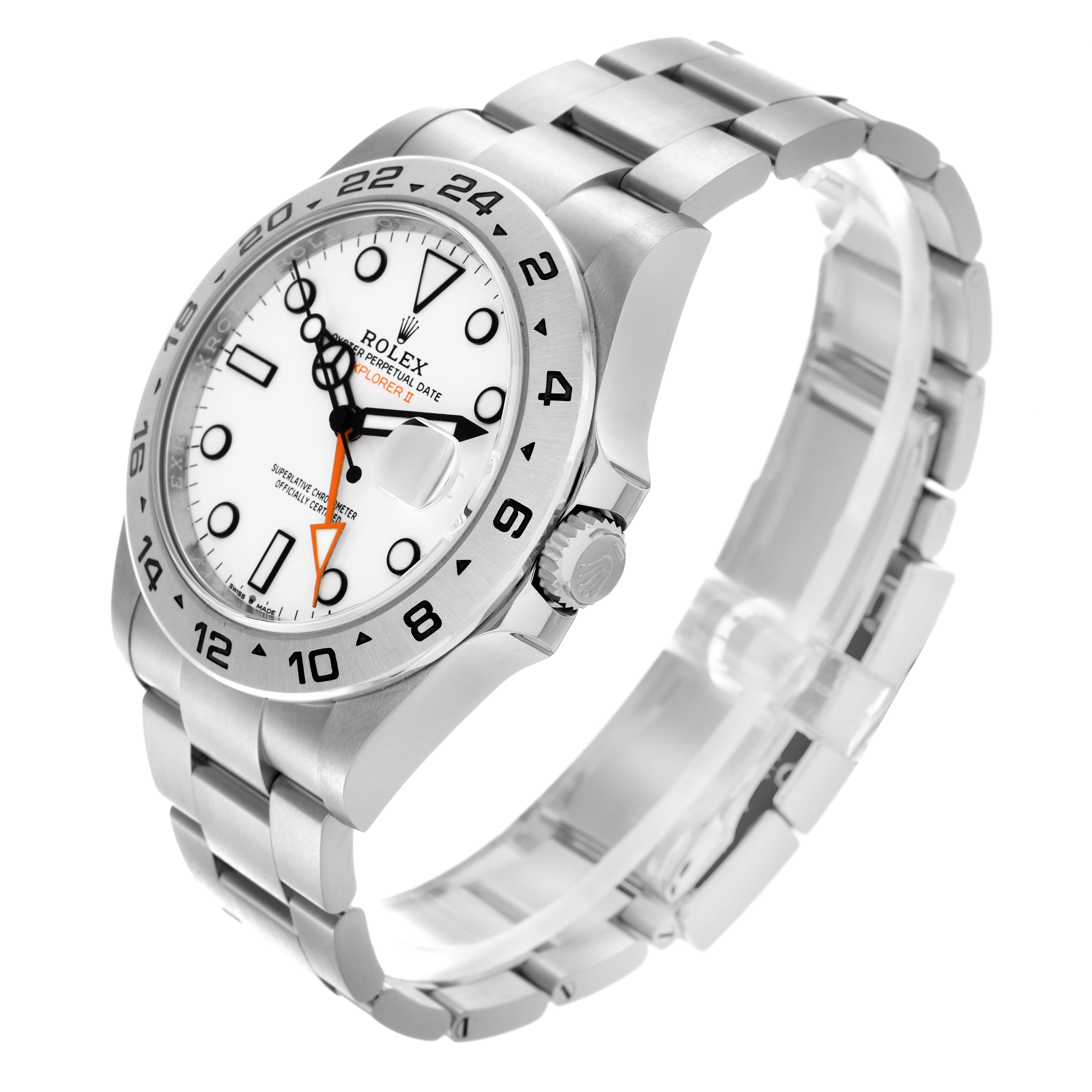 The Rolex Explorer 226570 Men
s Stainless Steel White Dial 226570 Men
s Stainless Steel White Dial watch is shown at an angle highlighting the face, bezel, crown, and bracelet.