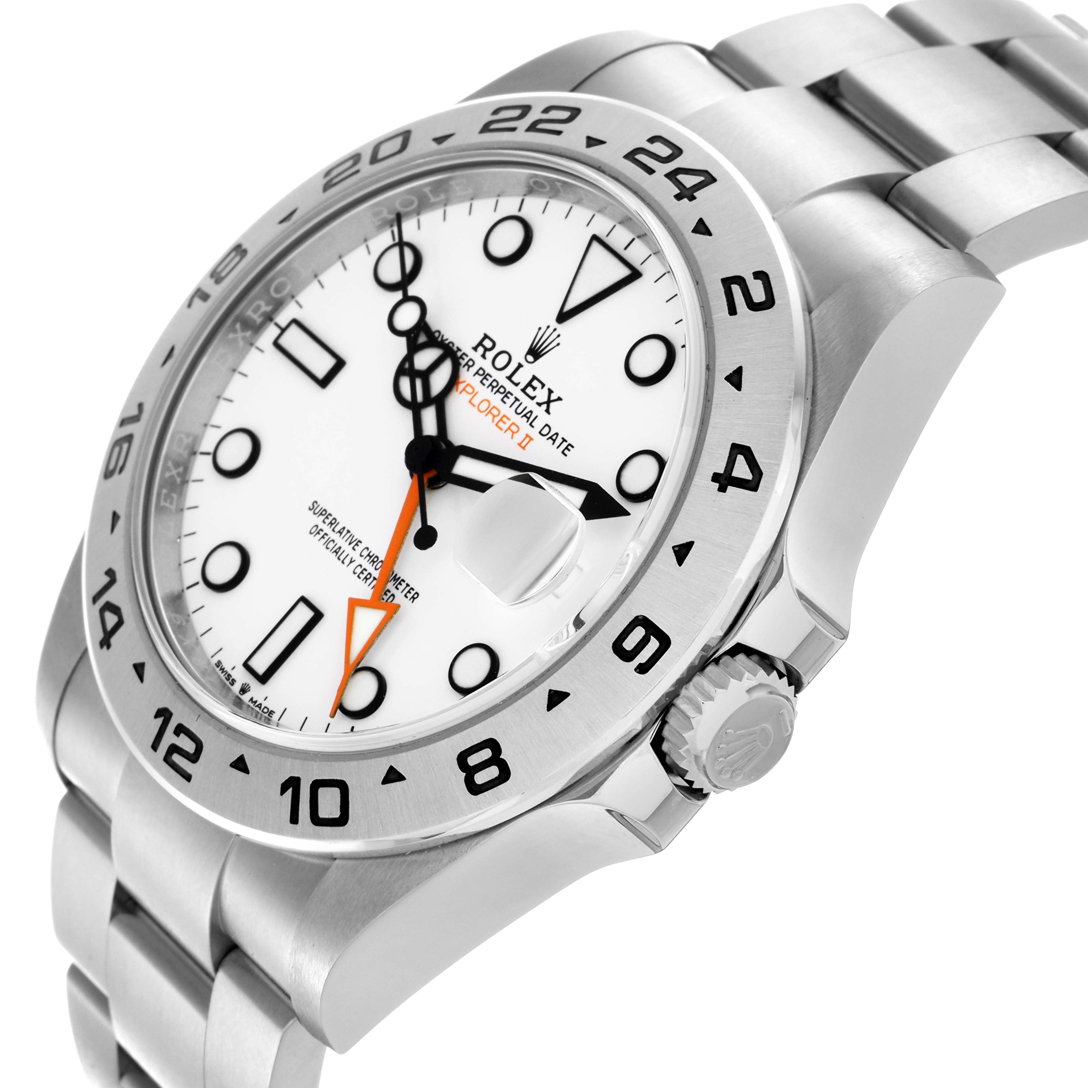 The Rolex Explorer 226570 Men
s Stainless Steel White Dial 226570 Men
s Stainless Steel White Dial watch is shown at a three-quarter angle, highlighting its dial, bezel, and bracelet.