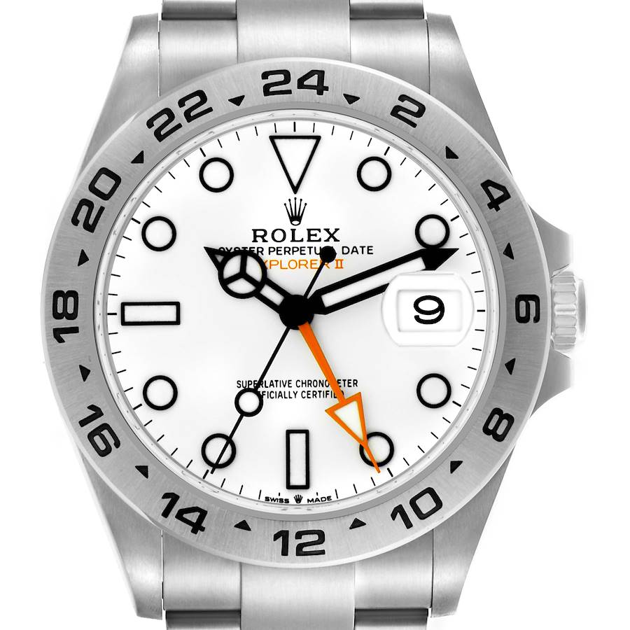 The Rolex Explorer model is shown from the front, highlighting the bezel, dial, and date function.