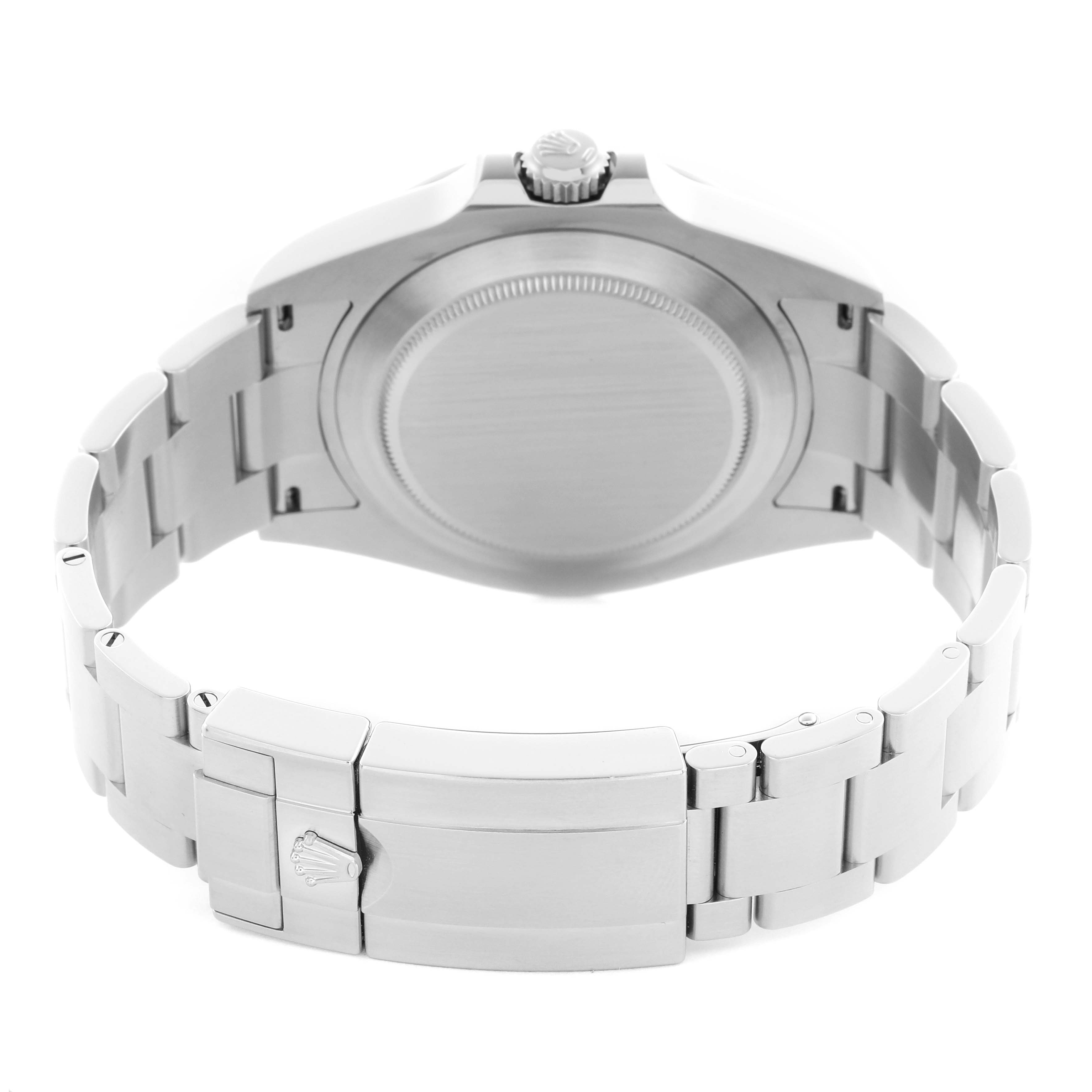 The image shows the back view of a Rolex Explorer 226570 Men
s Stainless Steel White Dial 226570 Men
s Stainless Steel White Dial watch, highlighting its case, bracelet, and clasp.