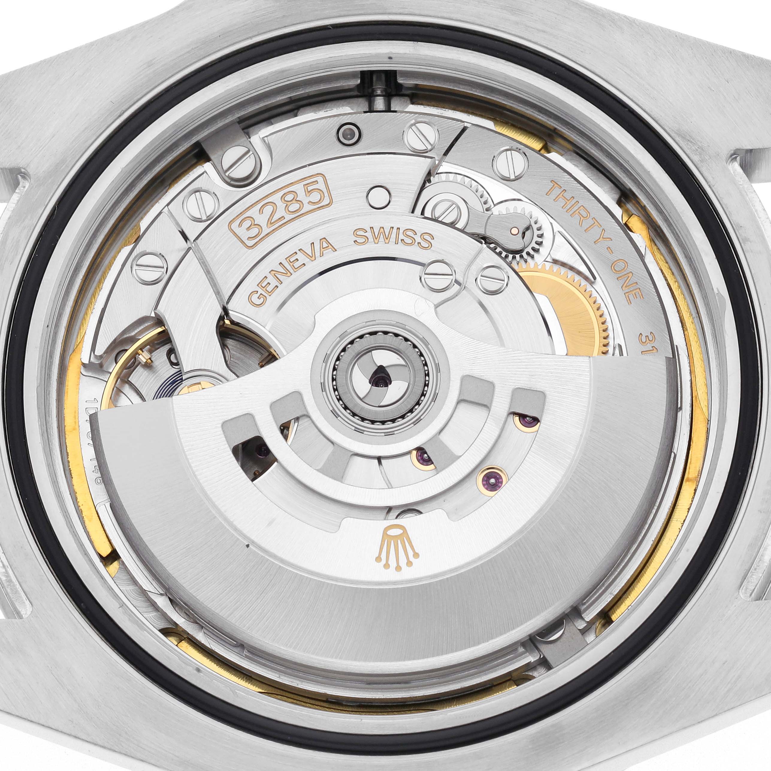 The image shows the back view of a Rolex Explorer 226570 Men
s Stainless Steel White Dial 226570 Men
s Stainless Steel White Dial watch, focusing on its exposed movement and rotor mechanism.