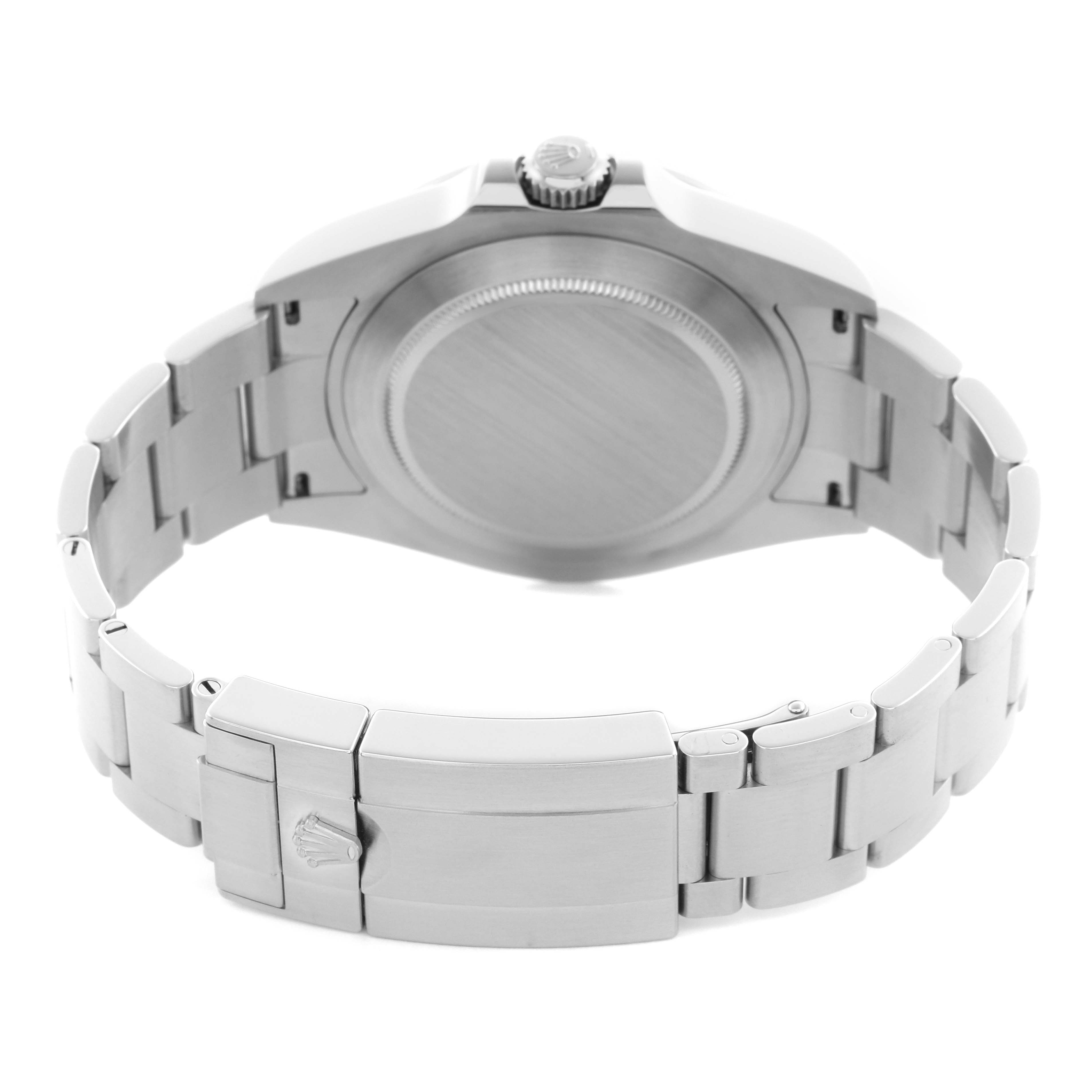 The image shows the back of a Rolex Explorer 226570 Men
s Stainless Steel Black Dial 226570 Men
s Stainless Steel Black Dial watch, highlighting the bracelet, clasp, and case back.