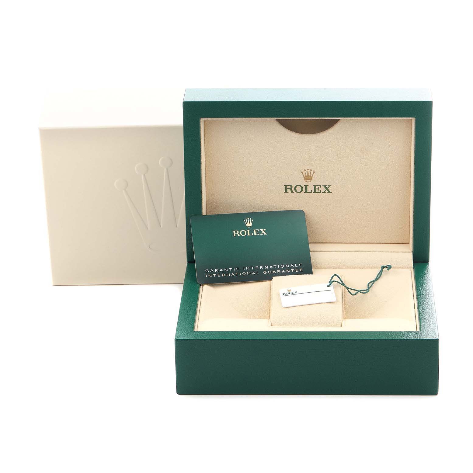 The image shows a Rolex Explorer 226570 Men
s Stainless Steel Black Dial 226570 Men
s Stainless Steel Black Dial watch box, international guarantee card, and a tag from a front angle.