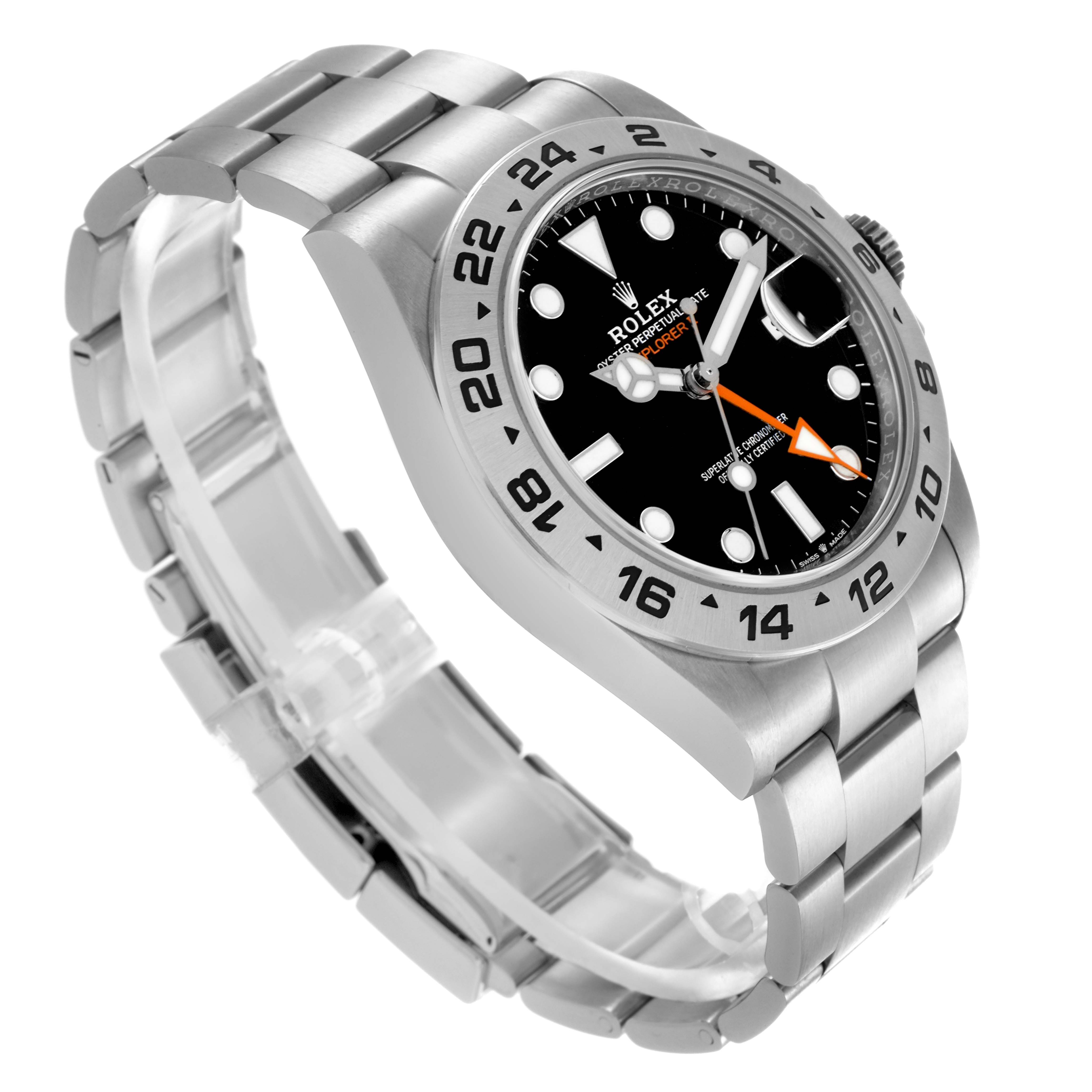 The Rolex Explorer 226570 Men
s Stainless Steel Black Dial 226570 Men
s Stainless Steel Black Dial watch is shown at an angled side view, highlighting the case, bezel, dial, and bracelet.
