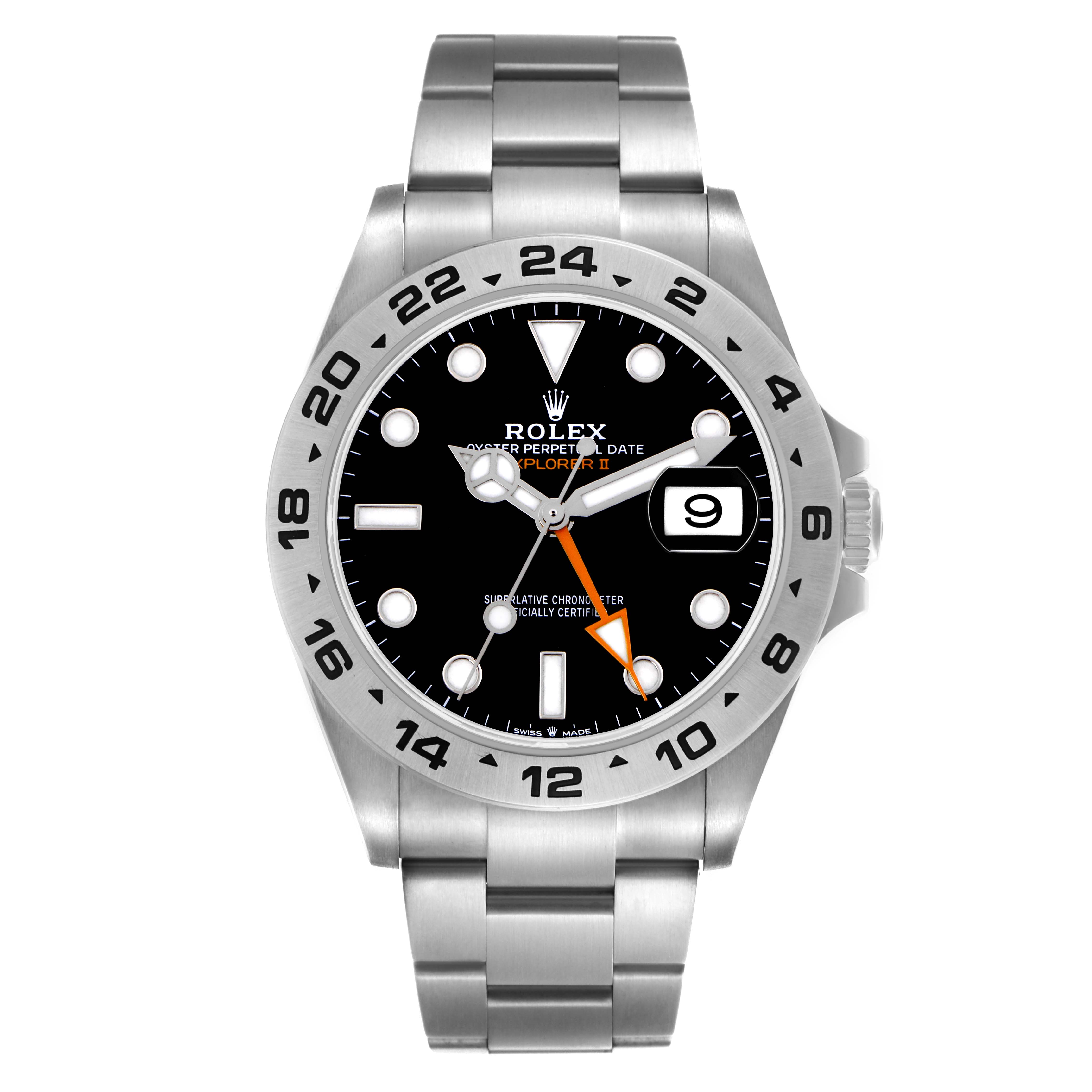 The Rolex Explorer 226570 Men
s Stainless Steel Black Dial 226570 Men
s Stainless Steel Black Dial model watch is shown from a front angle displaying the face, bezel, date, and part of the stainless steel bracelet.
