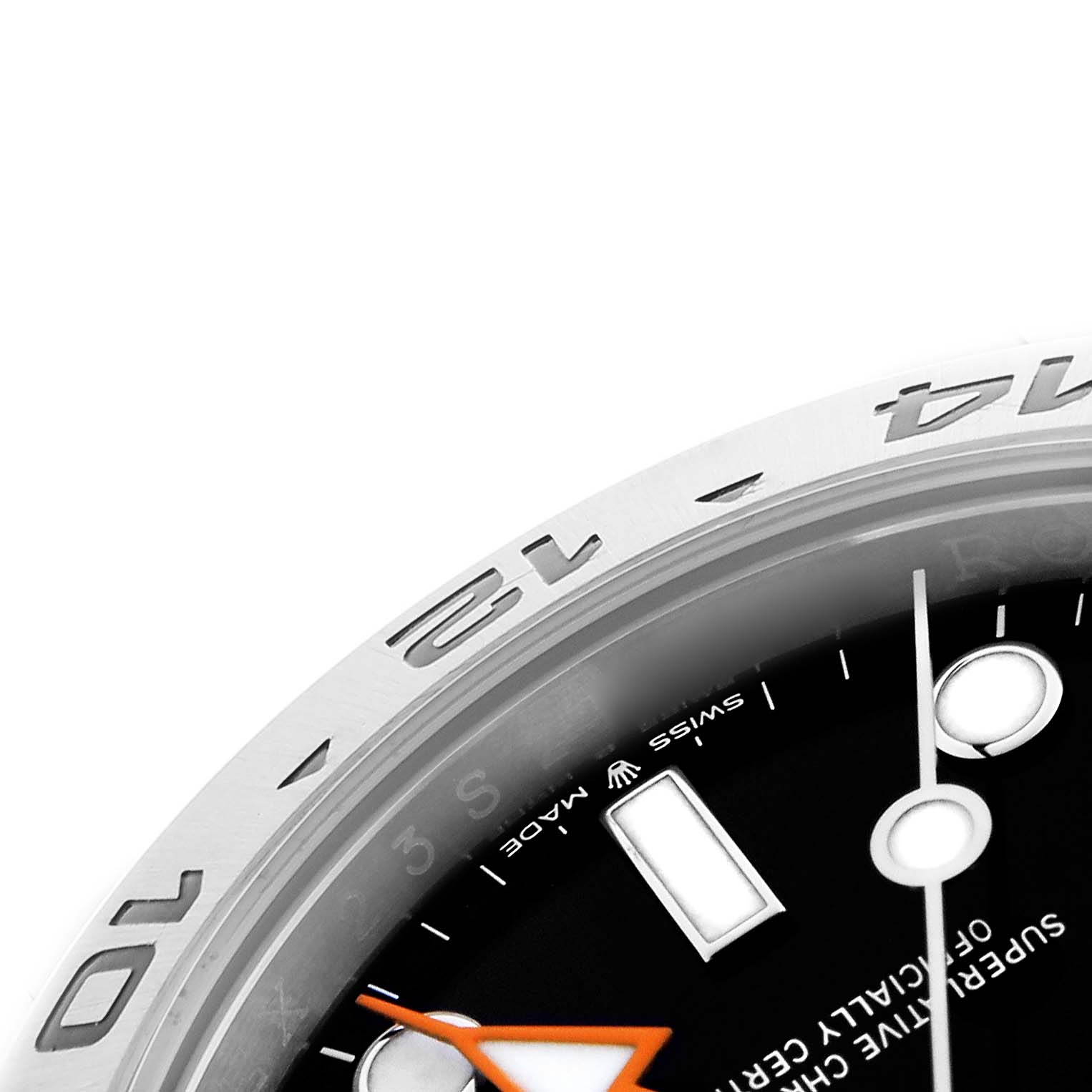 The Rolex Explorer 226570 Men
s Stainless Steel Black Dial 226570 Men
s Stainless Steel Black Dial model
s image shows a partial view from the top, highlighting the bezel, dial, and hands.