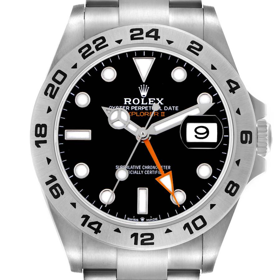 The Rolex Explorer model is shown from a frontal angle, highlighting the dial, hands, bezel, and part of the bracelet.