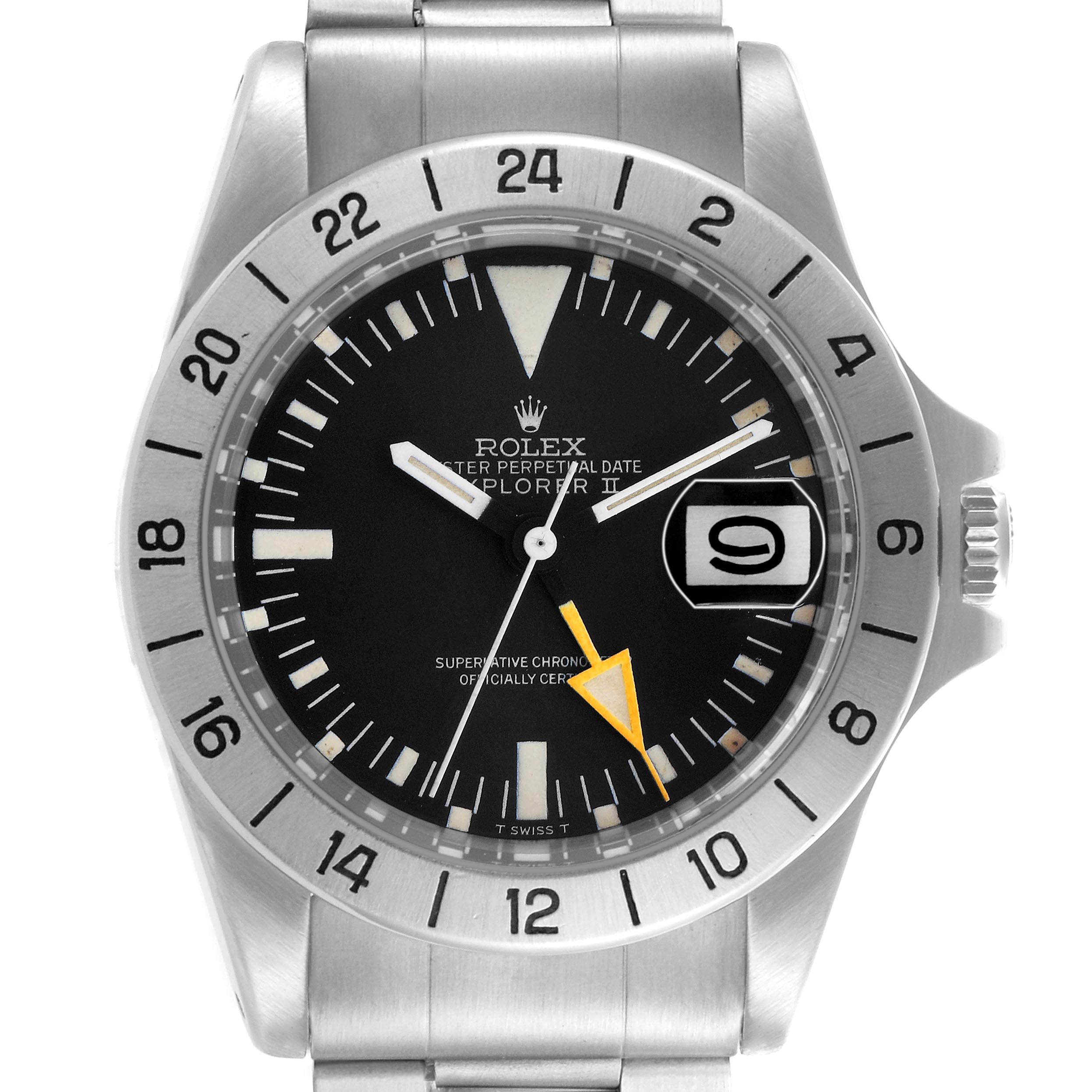 The Rolex Explorer 1655 Men
s Stainless Steel Black Dial 1655 Men
s Stainless Steel Black Dial watch is shown from a frontal angle, highlighting its dial, bezel, hands, and bracelet.