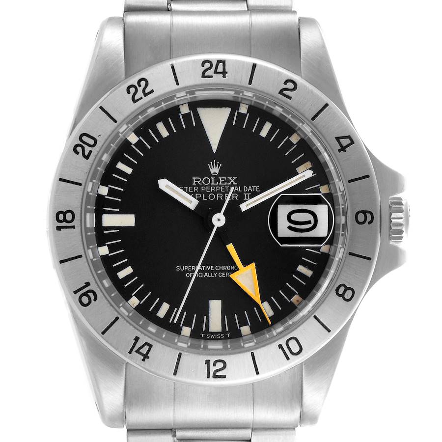 The Rolex Explorer watch is shown from a frontal angle, highlighting its dial, bezel, hands, and bracelet.