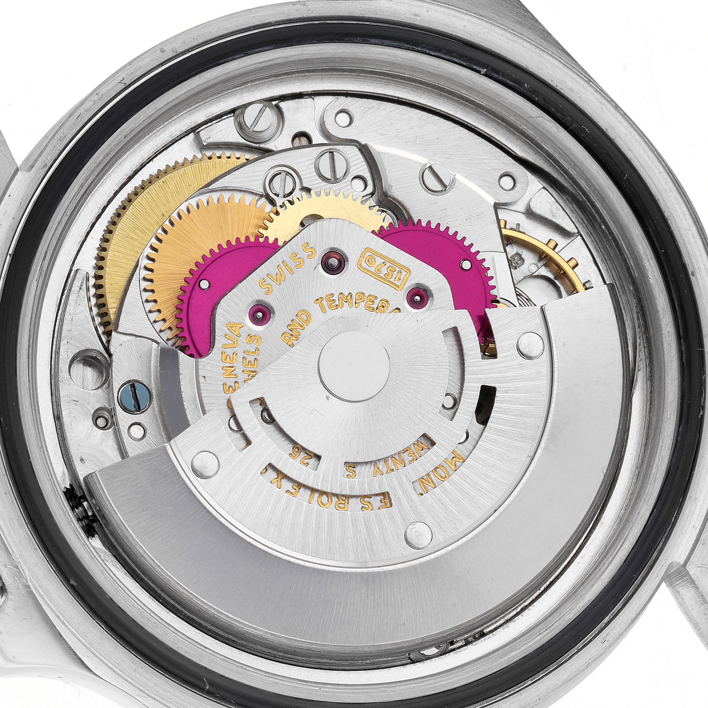 The image shows the movement of a Rolex Explorer 1655 Men
s Stainless Steel Black Dial 1655 Men
s Stainless Steel Black Dial watch, highlighting its gears and rotor from a top-down angle.