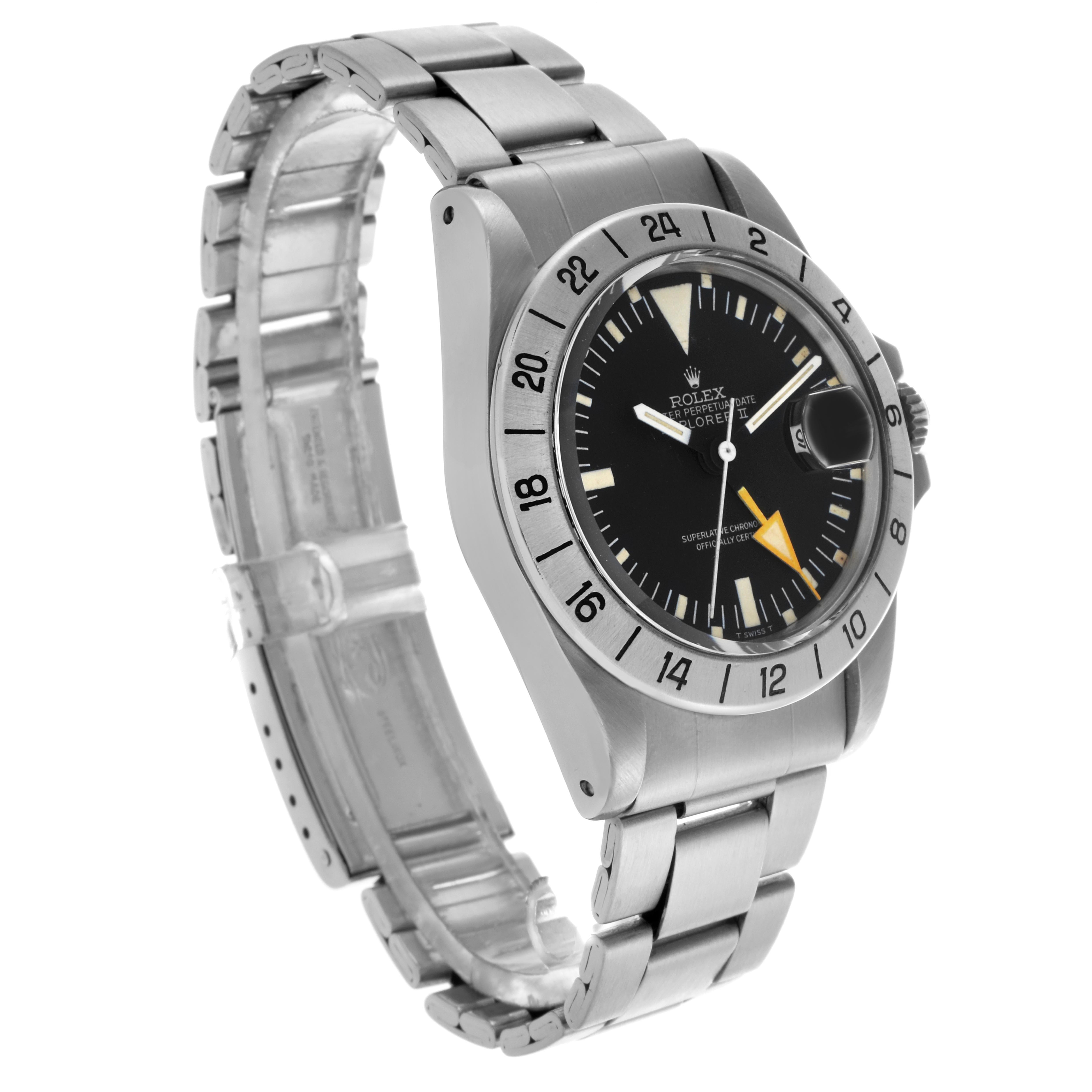 The Rolex Explorer 1655 Men
s Stainless Steel Black Dial 1655 Men
s Stainless Steel Black Dial watch is shown from a three-quarter angle, highlighting the dial, bezel, and bracelet.