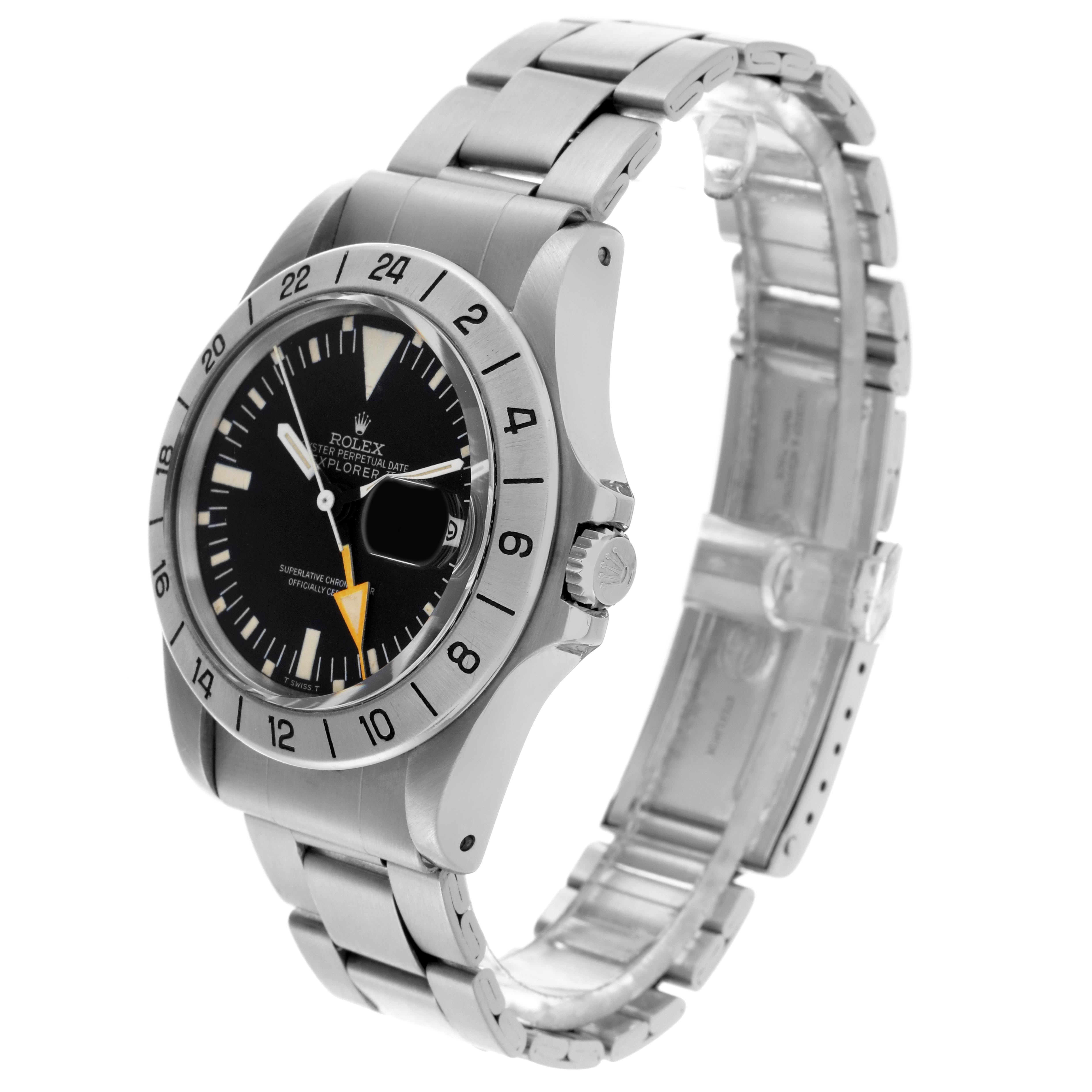 The Rolex Explorer 1655 Men
s Stainless Steel Black Dial 1655 Men
s Stainless Steel Black Dial watch is shown at a three-quarter angle, displaying the face, bezel, crown, and part of the bracelet.